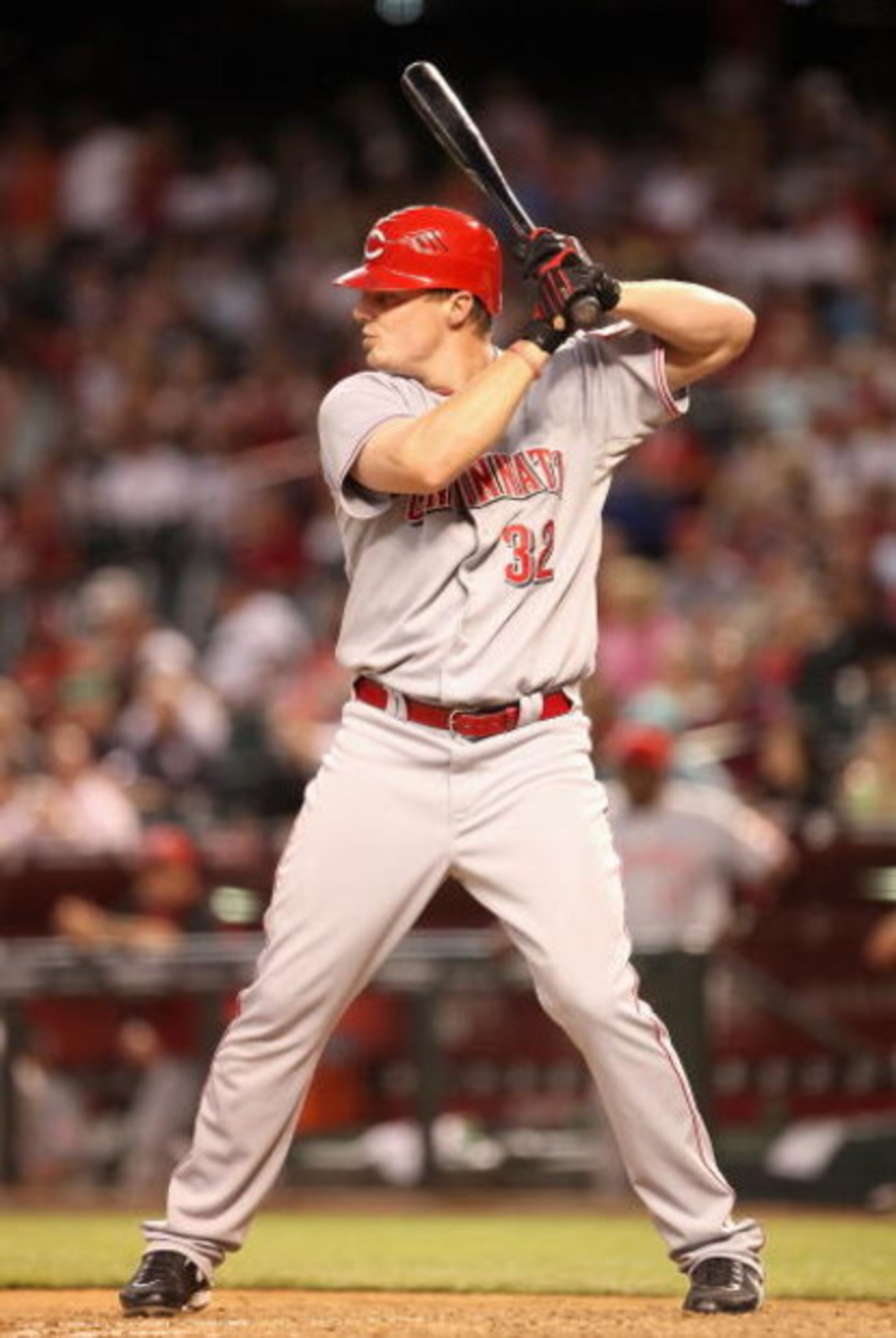 PHOENIX - MAY 12:  Jay Bruce #32 of the Cincinnati Reds bats against the Arizona Diamondbacks during the major league baseball game at Chase Field on May 12, 2009 in Phoenix, Arizona.  The Reds defeated the Diamondbacks 3-1.  (Photo by Christian Petersen/