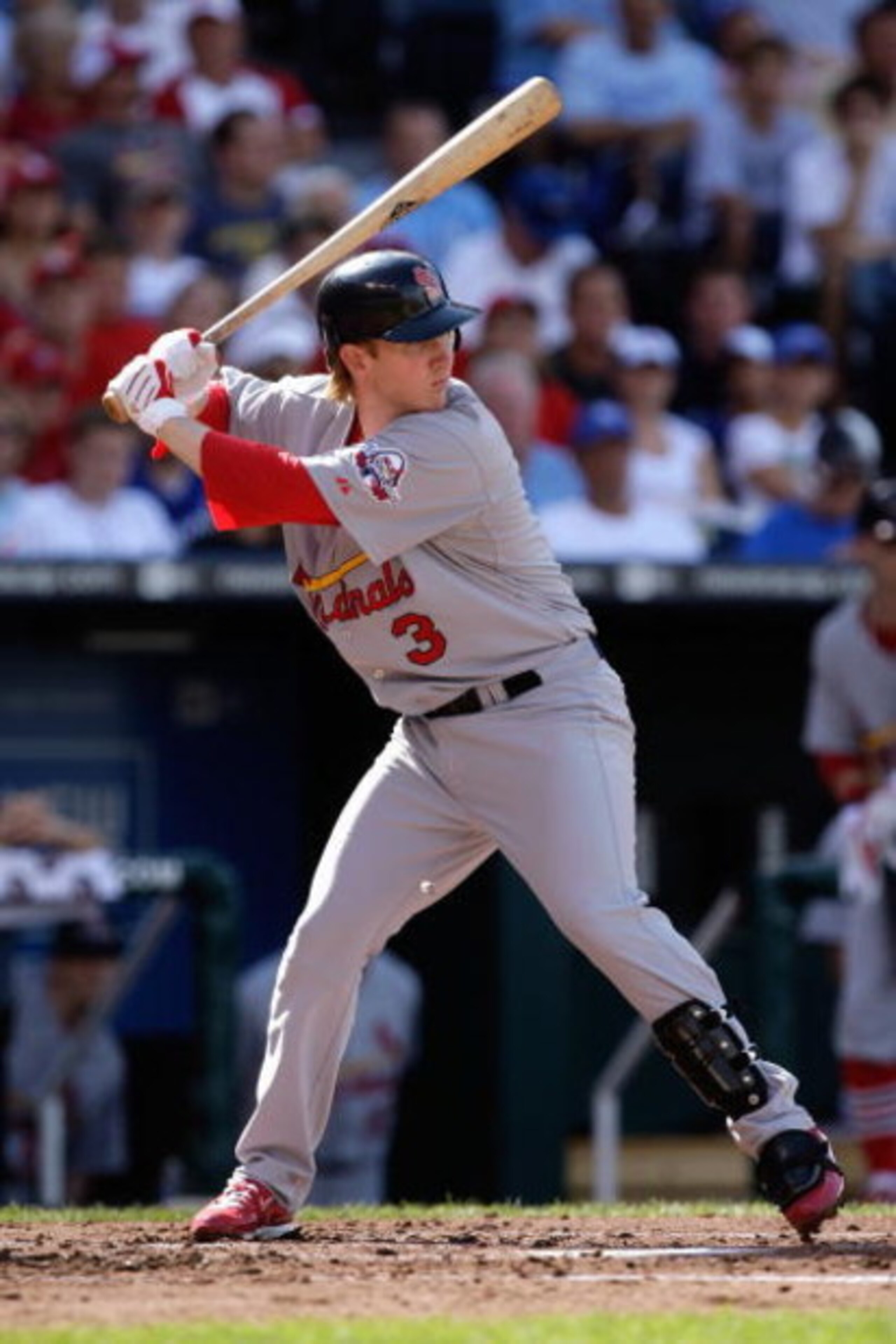 KANSAS CITY, MO - JUNE 20:  Khalil Greene #3 of the St. Louis Cardinals bats against the Kansas City Royals during the game on June 20, 2009 at Kauffman Stadium in Kansas City, Missouri. (Photo by Jamie Squire/Getty Images)