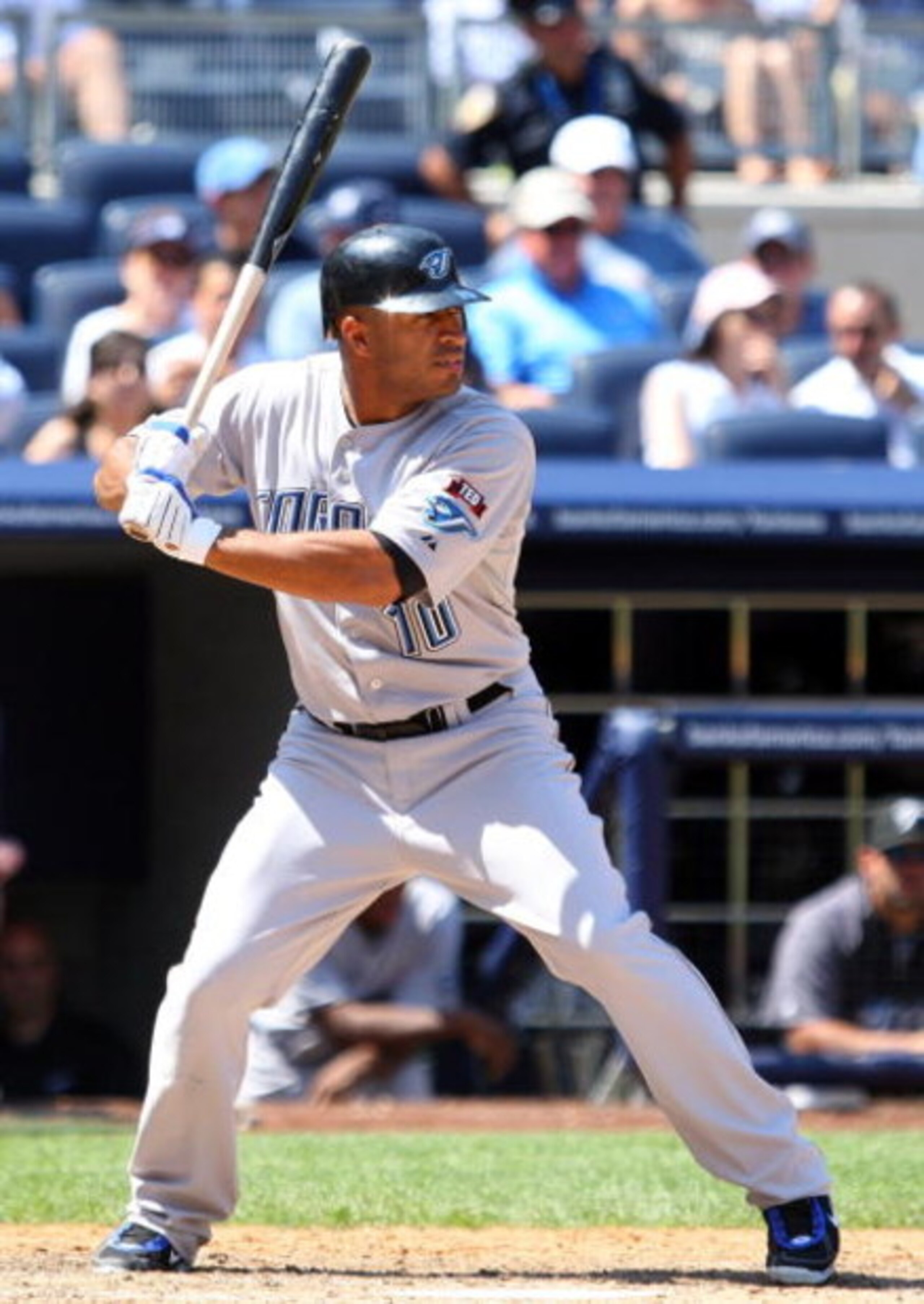 NEW YORK - JULY 06:  Vernon Wells #10 of the Toronto Blue Jays bats against the New York Yankees on July 6, 2009 at Yankee Stadium in the Bronx borough of New York City.  (Photo by Jim McIsaac/Getty Images)