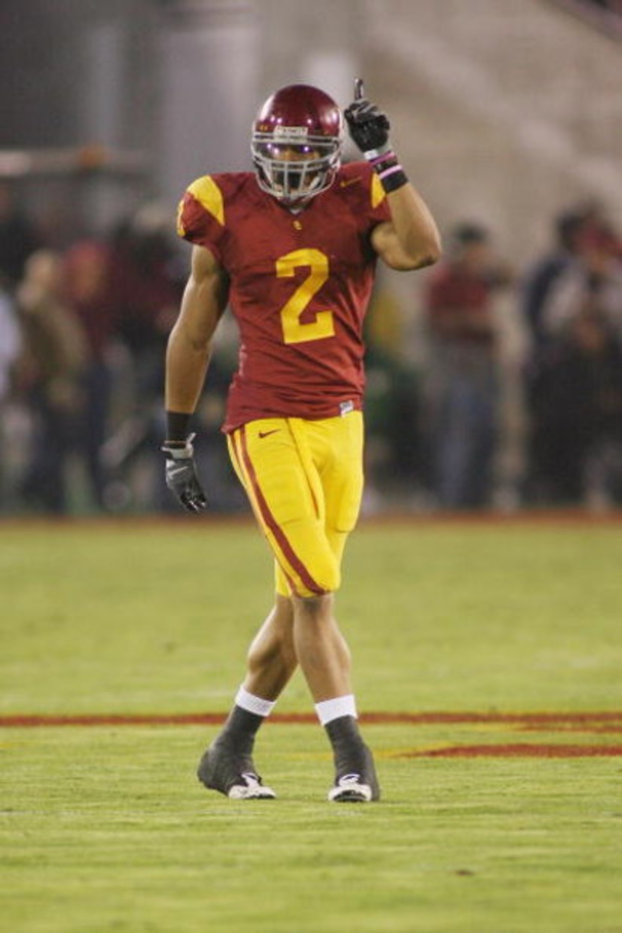 LOS ANGELES - NOVEMBER 29:  Taylor Mays #2 of the USC Trojans gestures as he lines up against the Notre Dame Fighting Irish on November 29, 2008 at the Los Angeles Memorial Coliseum in Los Angeles, California.  USC won 38-3.  (Photo by Jeff Golden/Getty I