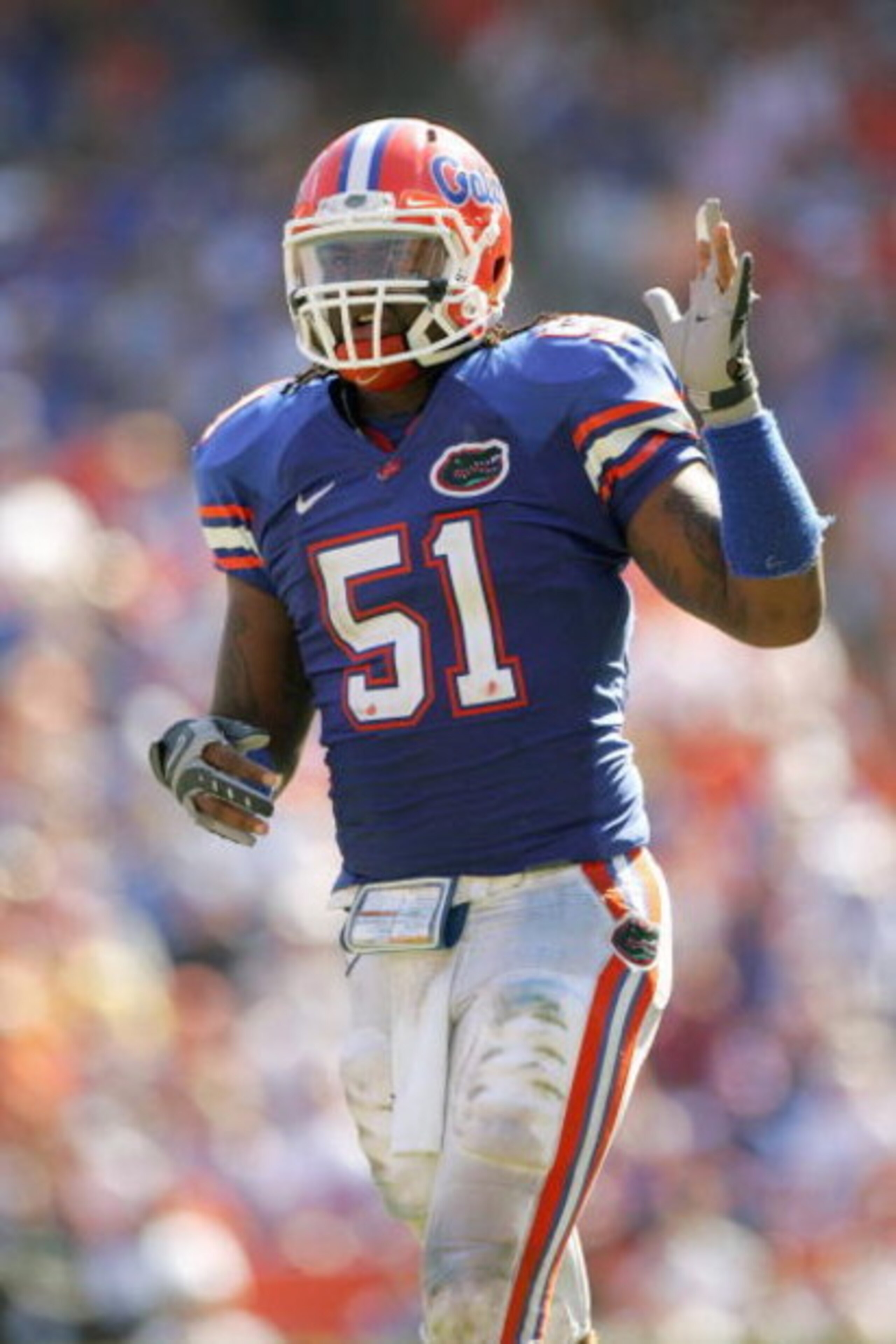 GAINESVILLE, FL - SEPTEMBER 27:  Brandon Spikes #51 of the Florida Gators walks on the field during the game against the Mississippi Rebels at Ben Hill Griffin Stadium on September 27, 2008 in Gainesville, Florida.  (Photo by Sam Greenwood/Getty Images)