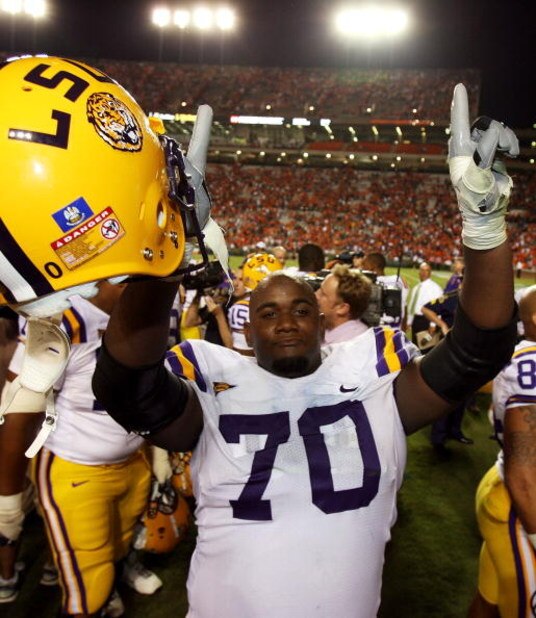 AUBURN, AL - SEPTEMBER 20: Offensive tackle Ciron Black #70 of the LSU Tigers celebrates after defeating the Auburn Tigers at Jordan-Hare Stadium on September 20, 2008 in Auburn, Alabama. (Photo by Doug Benc/Getty Images)