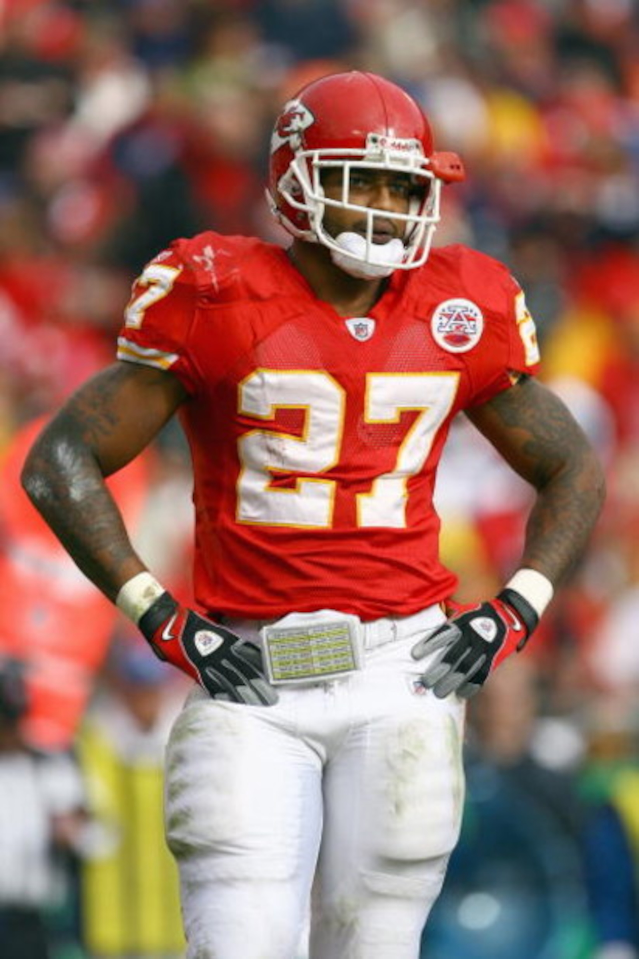 KANSAS CITY, MO - NOVEMBER 23: Larry Johnson #27 of the Kansas City Chiefs stands on the field during the game against the Buffalo Bills on November 23, 2008 at Arrowhead Stadium in Kansas City, Missouri. (Photo by Jamie Squire/Getty Images)