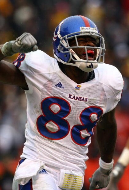 KANSAS CITY, MO - NOVEMBER 29:  Receiver Dexton Fields #88 of the Kansas Jayhawks celebrates after making a touchdown catch during the first half of the game against the Missouri Tigers on November 29, 2008 at Arrowhead Stadium in Kansas City, Missouri.  
