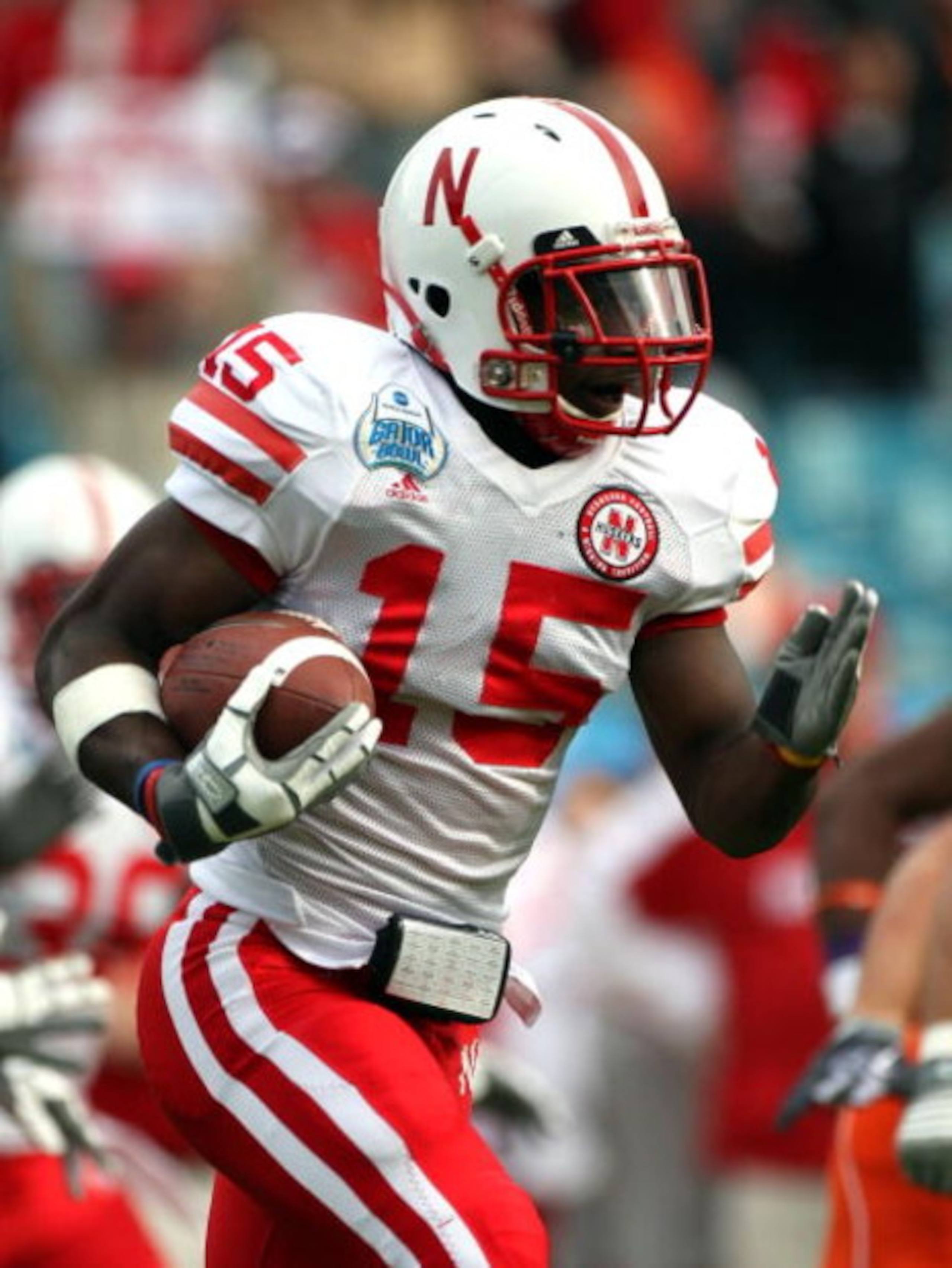 JACKSONVILLE, FL - JANUARY 1:  Alfonzo Dennard #15 of the Nebraska Cornhuskers runs for yardage during the Konica Minolta Gator Bowl against the Clemson Tigers at Jacksonville Municipal Stadium January 1, 2009 in Jacksonville, Florida.  (Photo by Sam Gree