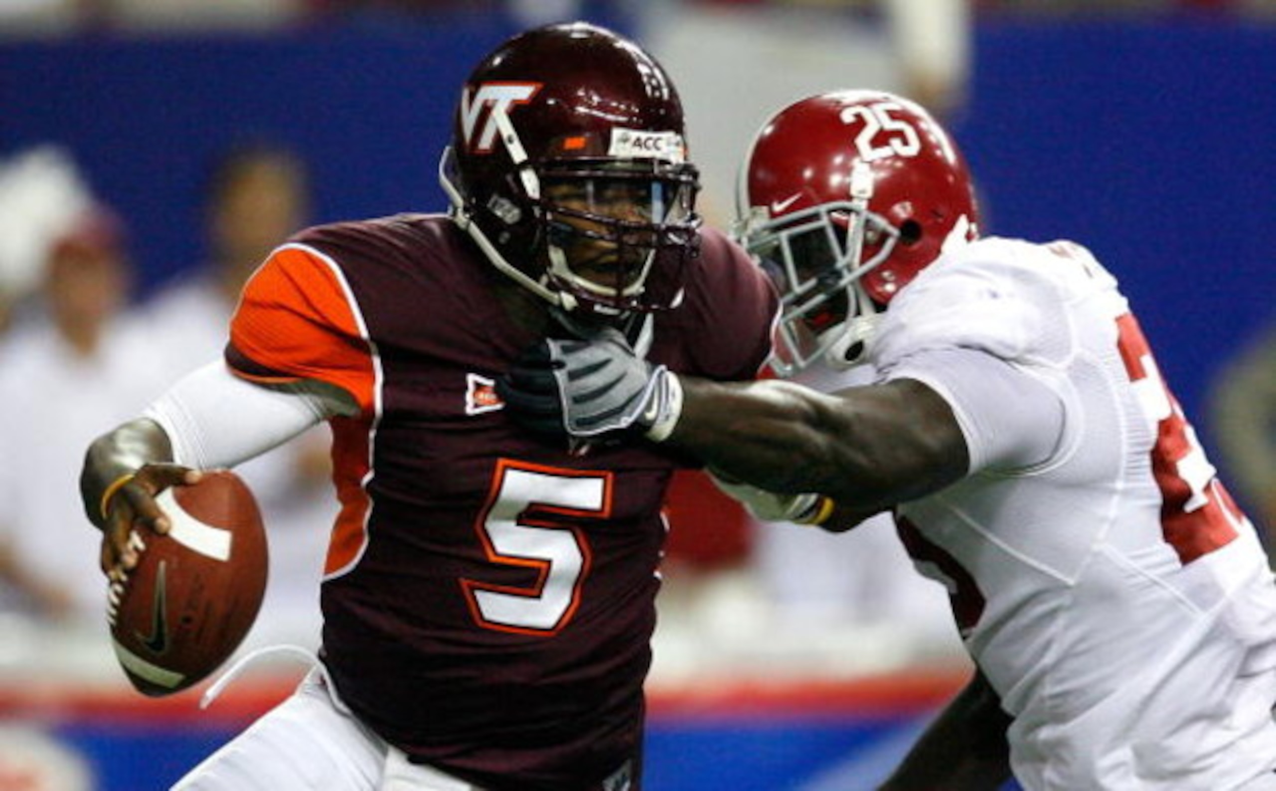 ATLANTA - SEPTEMBER 05:  Rolando McClain #25 of the Alabama Crimson Tide sacks quarterback Tyrod Taylor #5 of the Virginia Tech Hokies during the Chick-fil-A Kickoff Game at Georgia Dome on September 5, 2009 in Atlanta, Georgia.  (Photo by Kevin C. Cox/Ge