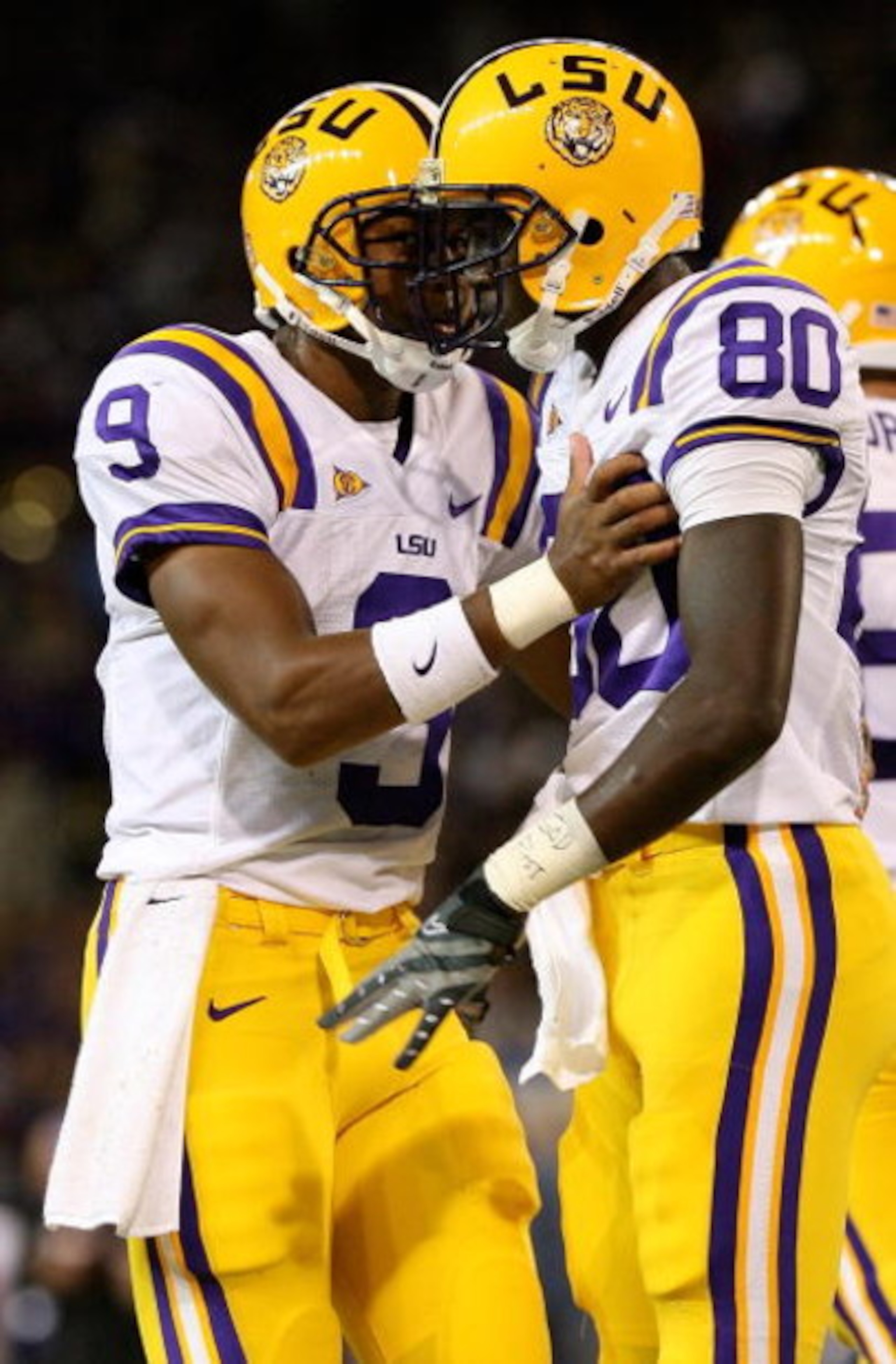SEATTLE - SEPTEMBER 05: Wide receiver Terrance Toliver #80 of the LSU Tigers celebrates with quarterback Jordan Jefferson #9 after scoring a touchdown in the third quarter against the Washington Huskies on September 5, 2009 at Husky Stadium in Seattle, W SEATTLE - SEPTEMBER 05: Wide receiver Terrance Toliver #80 of the LSU Tigers celebrates with quarterback Jordan Jefferson #9 after scoring a touchdown in the third quarter against the Washington Huskies on September 5, 2009 at Husky Stadium in Seattle, W