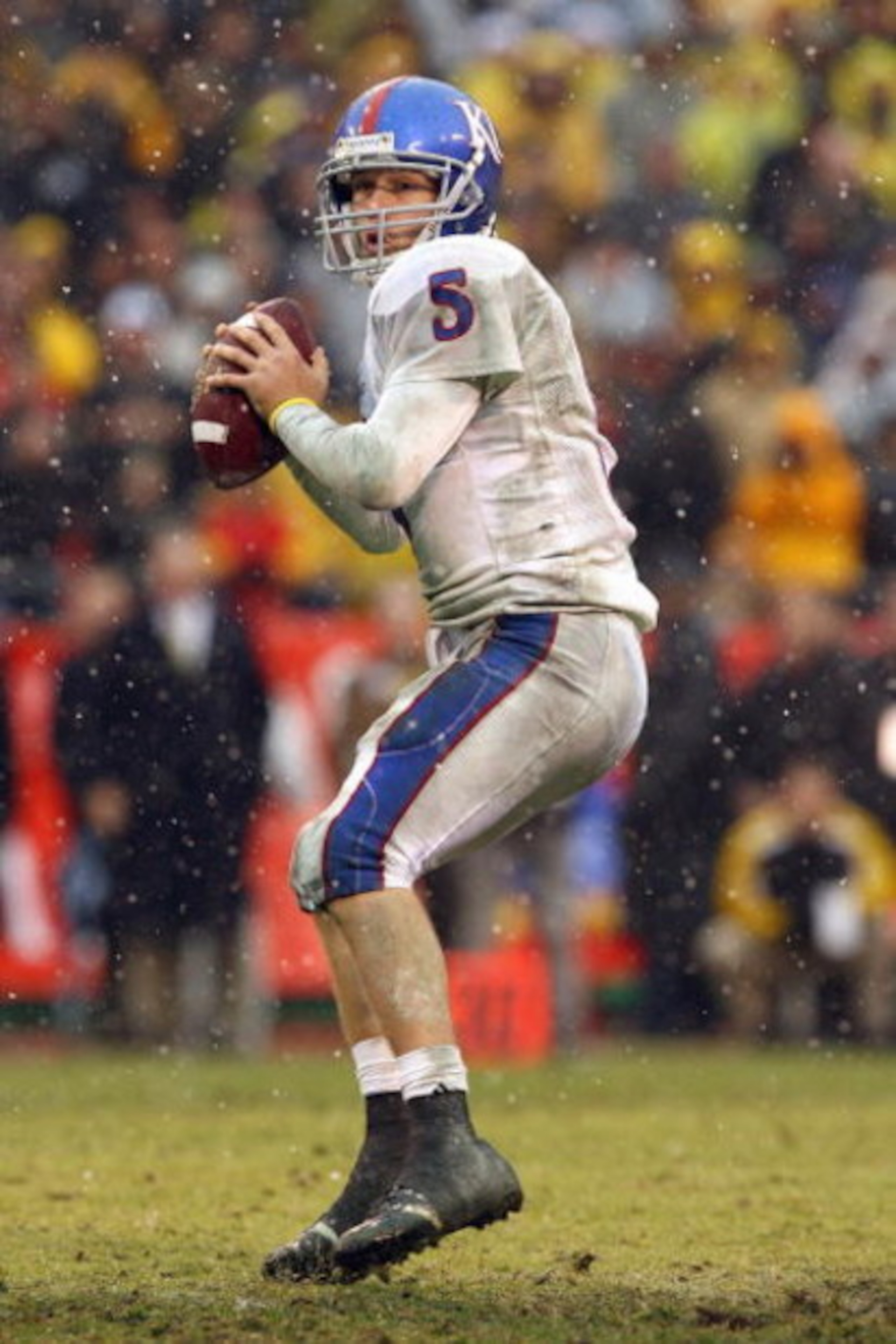KANSAS CITY, MO - NOVEMBER 29: Quarterback Todd Reesing #5 of the Kansas Jayhawks looks to pass the ball downfield during the game against the Missouri Tigers on November 29, 2008 at Arrowhead Stadium in Kansas City, Missouri. (Photo by Jamie Squire/Gett KANSAS CITY, MO - NOVEMBER 29: Quarterback Todd Reesing #5 of the Kansas Jayhawks looks to pass the ball downfield during the game against the Missouri Tigers on November 29, 2008 at Arrowhead Stadium in Kansas City, Missouri. (Photo by Jamie Squire/Gett