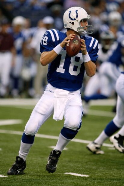 INDIANAPOLIS, IN - AUGUST 20: Quarterback Peyton Manning #18 of the Indianapolis Colts drops back to pass the football against the Philadelphia Eagles at Lucas Oil Stadium on August 20, 2009 in Indianapolis, Indiana. (Photo by Scott Boehm/Getty Images)