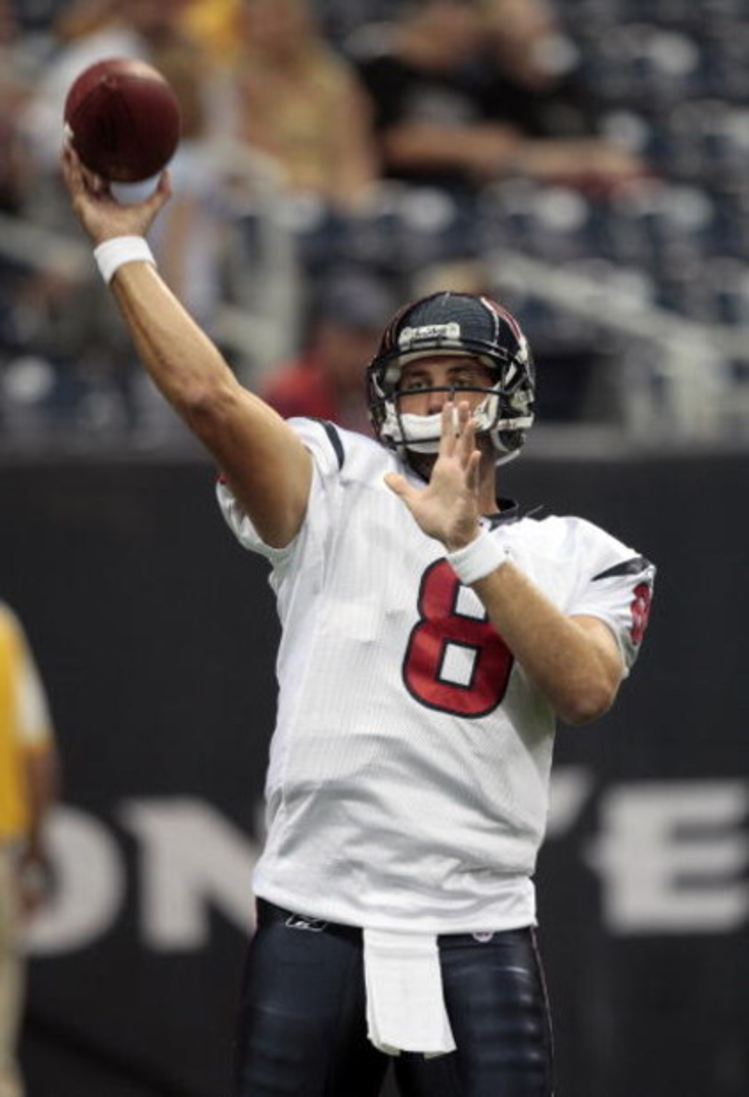 HOUSTON - AUGUST 22: Quarterback Matt Schaub #8 throws a pass during warmups on August 22, 2009 in Houston, Texas. (Photo by Bob Levey/Getty Images) HOUSTON - AUGUST 22: Quarterback Matt Schaub #8 throws a pass during warmups on August 22, 2009 in Houston, Texas. (Photo by Bob Levey/Getty Images)