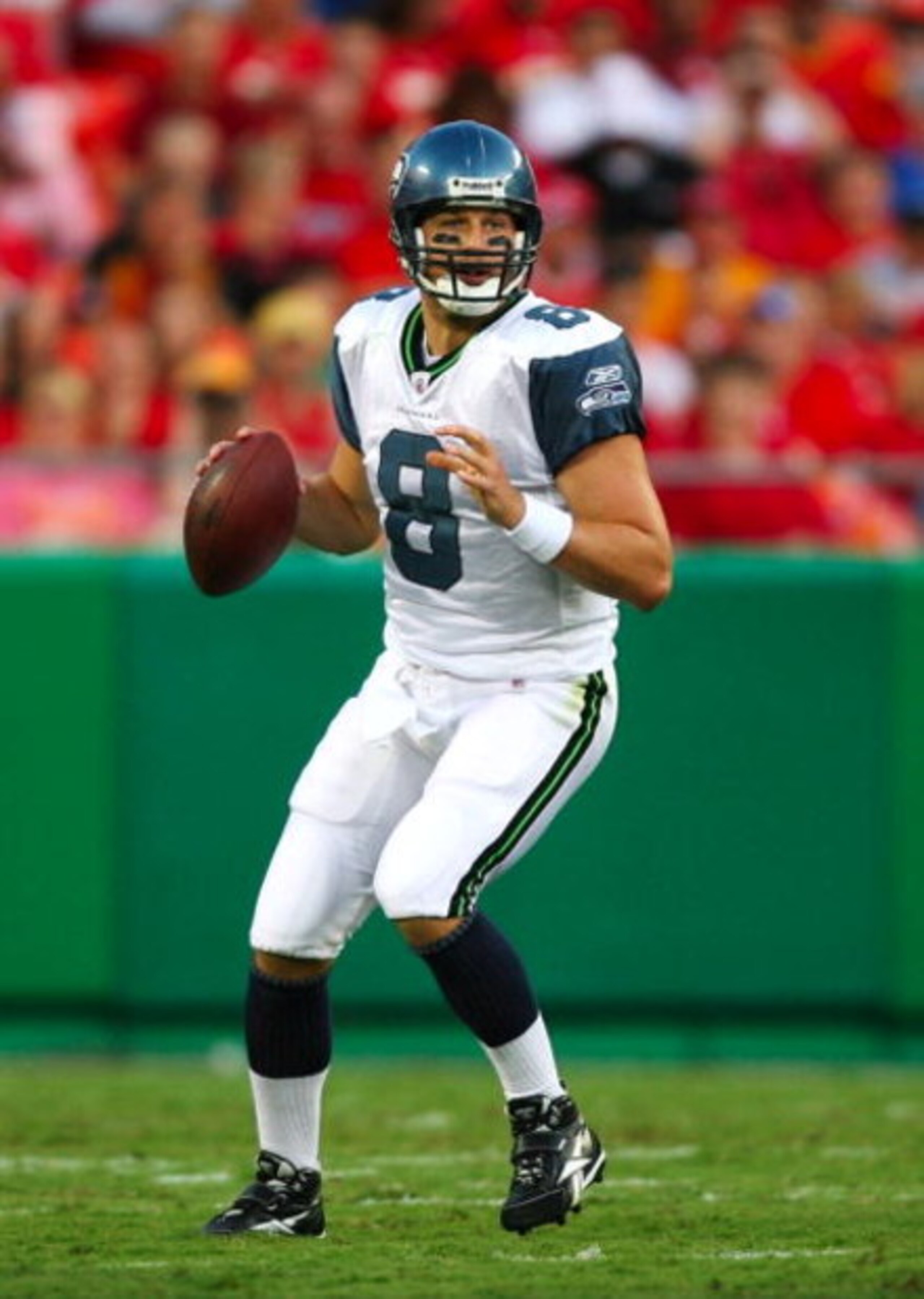 KANSAS CITY, MO - AUGUST 29: Quarterback Matt Hasselbeck #8 of the Seattle Seahawks looks to throw a pass against the Kansas City Chiefs during their preseason game at Arrowhead Stadium on August 29, 2009 in Kansas City, Missouri. (Photo by Dilip Vishwana KANSAS CITY, MO - AUGUST 29: Quarterback Matt Hasselbeck #8 of the Seattle Seahawks looks to throw a pass against the Kansas City Chiefs during their preseason game at Arrowhead Stadium on August 29, 2009 in Kansas City, Missouri. (Photo by Dilip Vishwana