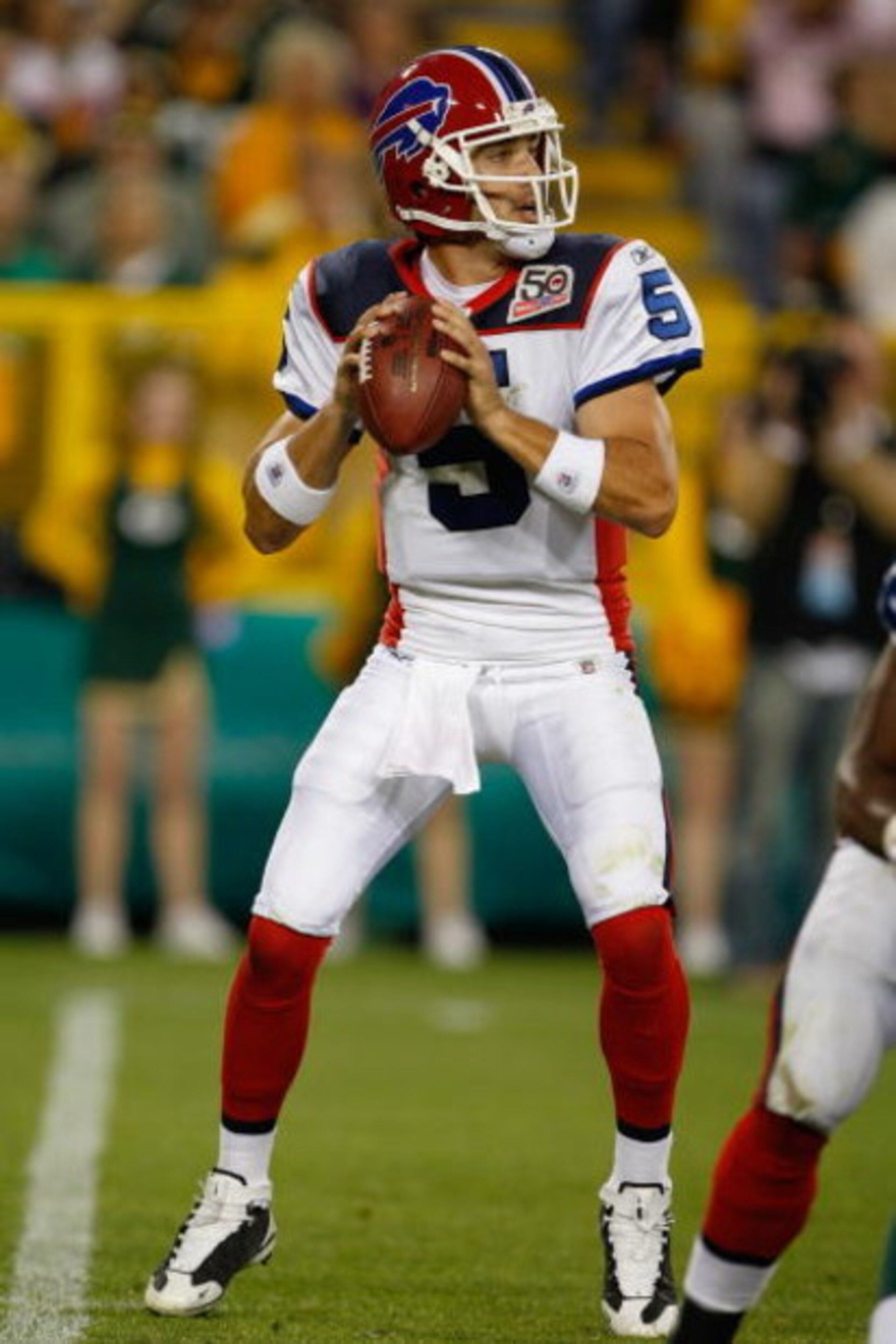 GREEN BAY, WI - AUGUST 22: Quarterback Trent Edwards #5 of the Buffalo Bills drops back to pass against the Green Bay Packers at Lambeau Field on August 22, 2009 in Green Bay. Wisconsin. The Packers defeated the Bills 31-21. (Photo by Scott Boehm/Getty I GREEN BAY, WI - AUGUST 22: Quarterback Trent Edwards #5 of the Buffalo Bills drops back to pass against the Green Bay Packers at Lambeau Field on August 22, 2009 in Green Bay. Wisconsin. The Packers defeated the Bills 31-21. (Photo by Scott Boehm/Getty I