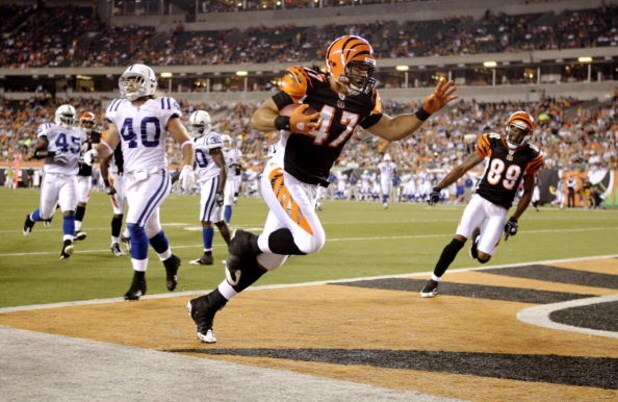 CINCINNATI, OH - AUGUST 3:  Kolo Kapanui #47 of the Cincinnati Bengals scores a touchdown during the preseason game against the Indianapolis Colts on August 3, 2009 at Paul Brown Stadium in Cincinnati, Ohio.  (Photo by Andy Lyons/Getty Images)