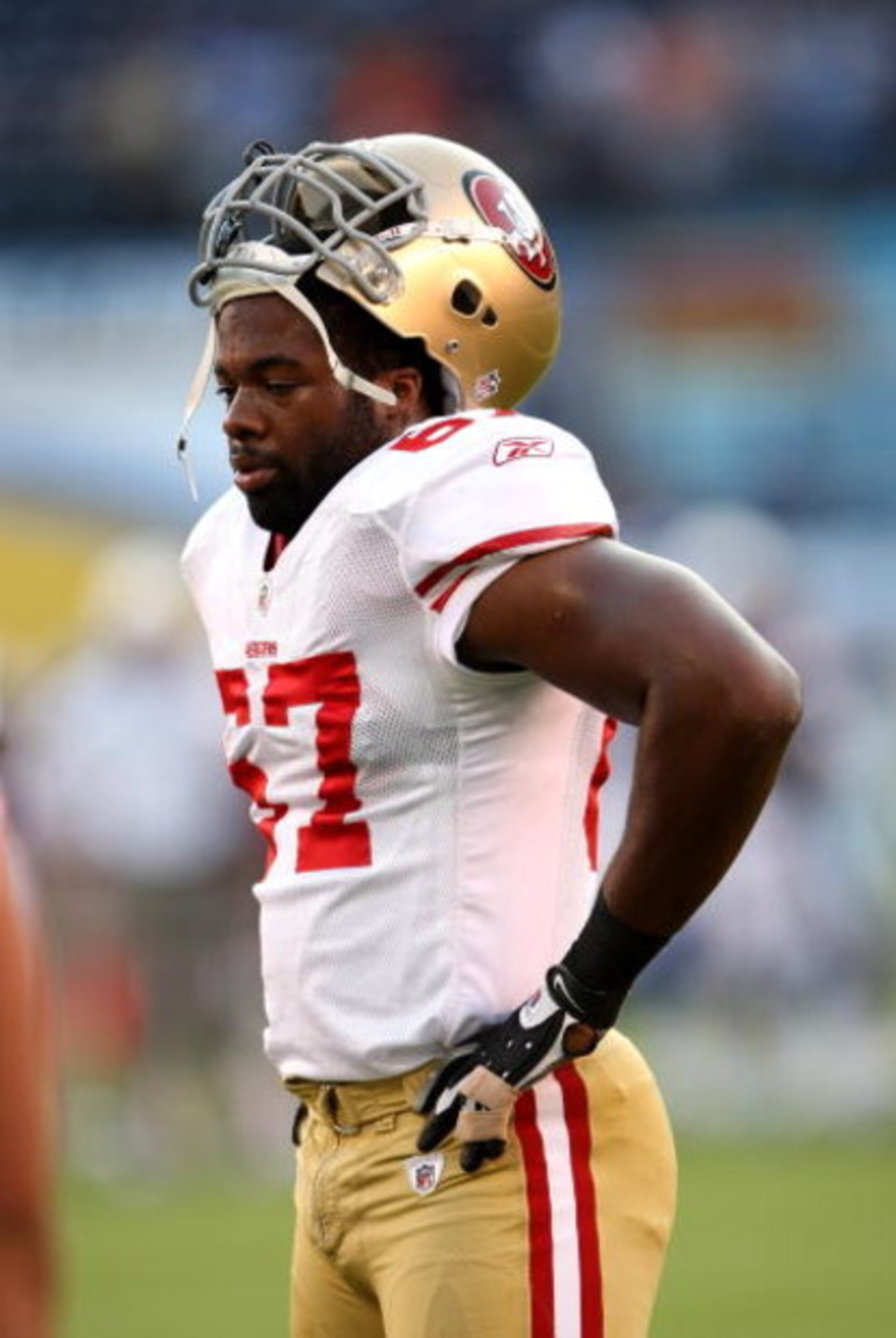 SAN DIEGO - SEPTEMBER 04:  Defensive end Pannel Egboh #67 of the San Francisco 49ers warms up for the game with the San Diego Chargers on September 4, 2009 at Qualcomm Stadium in San Diego, California.  The Chargers won 26-7.  (Photo by Stephen Dunn/Getty