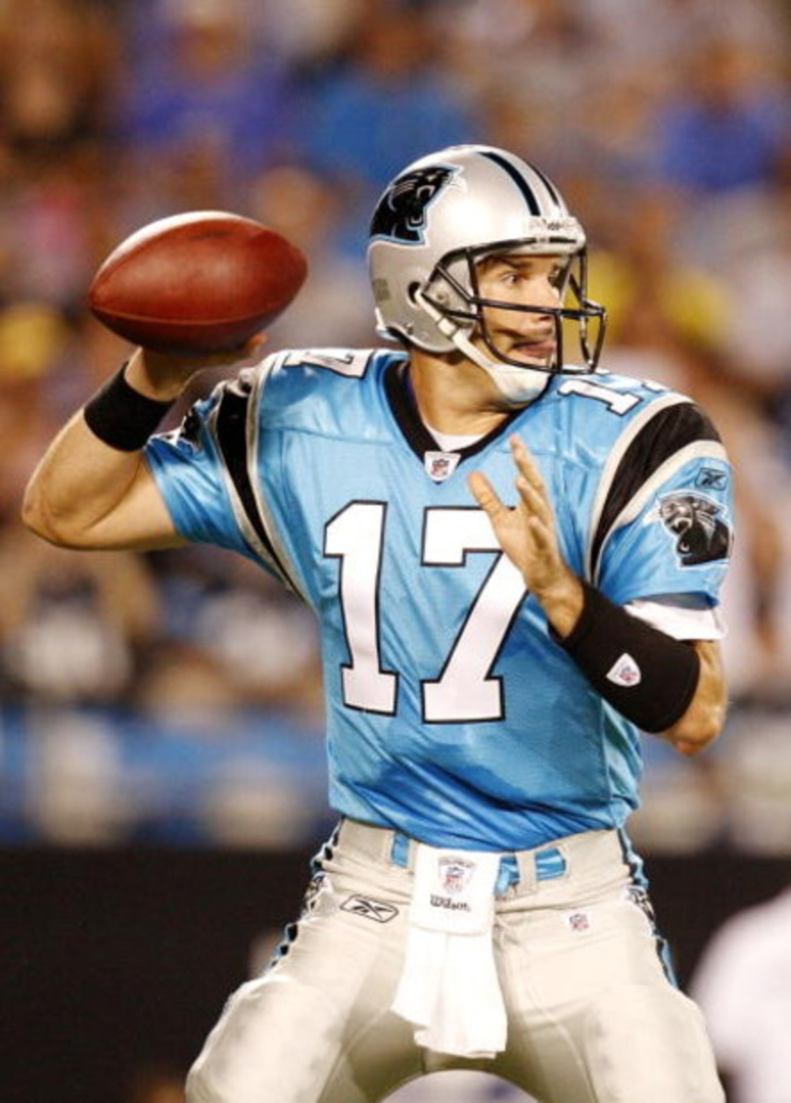 CHARLOTTE, NC - AUGUST 29: Quarterback Jake Delhomme #17 of the Carolina Panthers drops back to pass against the Baltimore Ravens at Bank of America Stadium on August 29, 2009 in Charlotte, North Carolina. (Photo by Streeter Lecka/Getty Images)