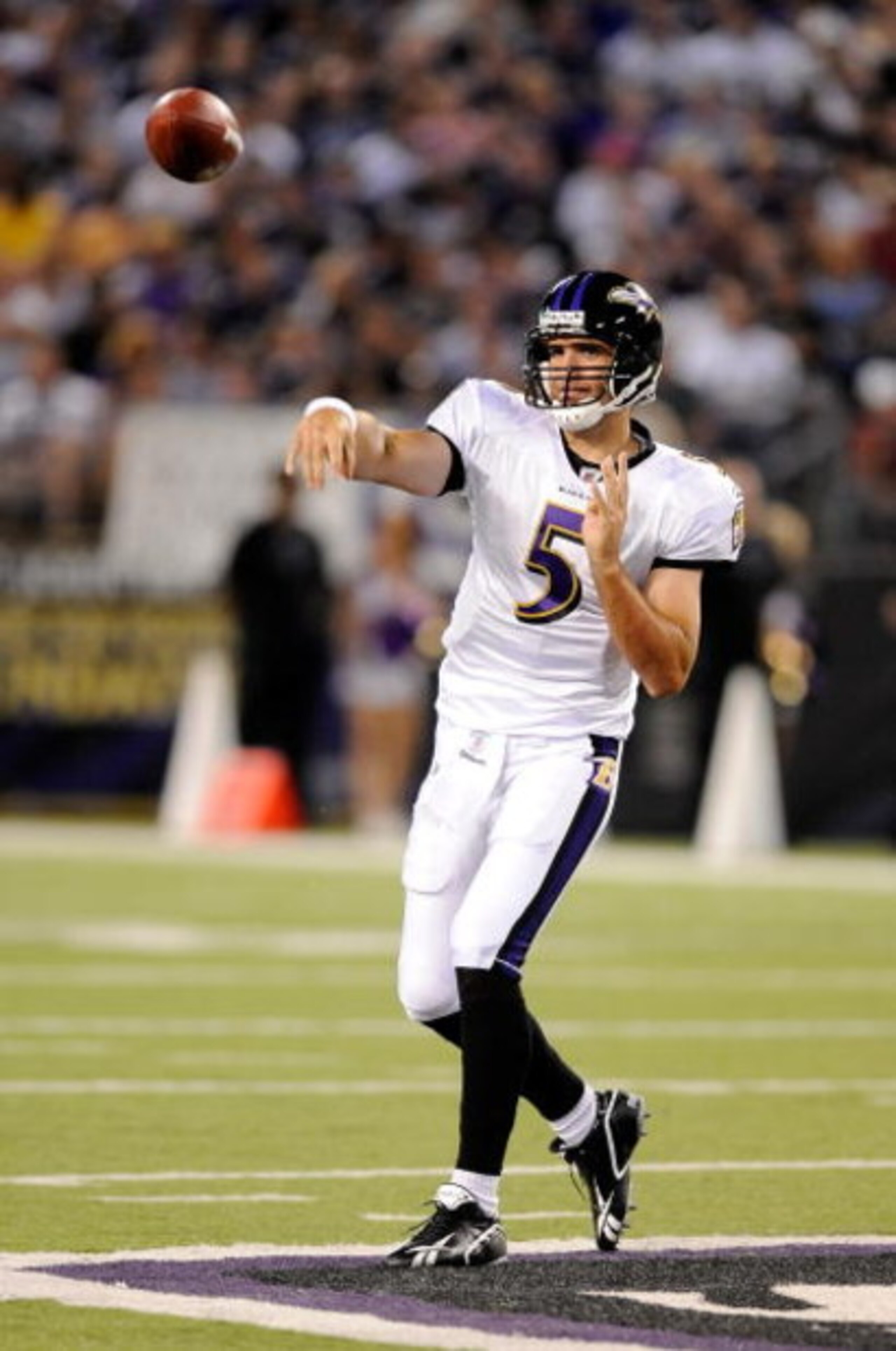 BALTIMORE - AUGUST 24:  Joe Flacco #5 of the Baltimore Ravens throws a pass in a preseason game against the New York Jets at M&T Bank Stadium on August 24, 2009 in Baltimore, Maryland.  (Photo by Greg Fiume/Getty Images)