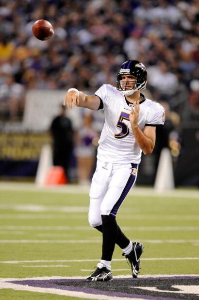 BALTIMORE - AUGUST 24:  Joe Flacco #5 of the Baltimore Ravens throws a pass in a preseason game against the New York Jets at M&T Bank Stadium on August 24, 2009 in Baltimore, Maryland.  (Photo by Greg Fiume/Getty Images)