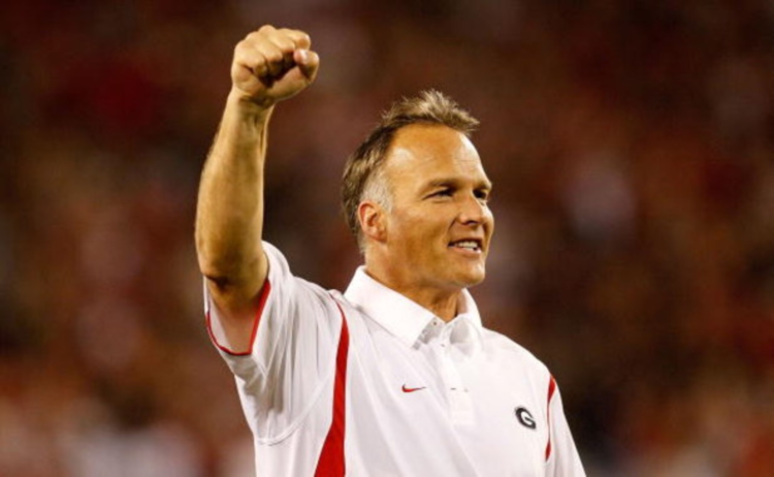 ATHENS, GA - SEPTEMBER 12:  Head coach Mark Richt of the Georgia Bulldogs celebrates after a blocked extra point attempt by the South Carolina Gamecocks at Sanford Stadium on September 12, 2009 in Athens, Georgia.  (Photo by Kevin C. Cox/Getty Images)