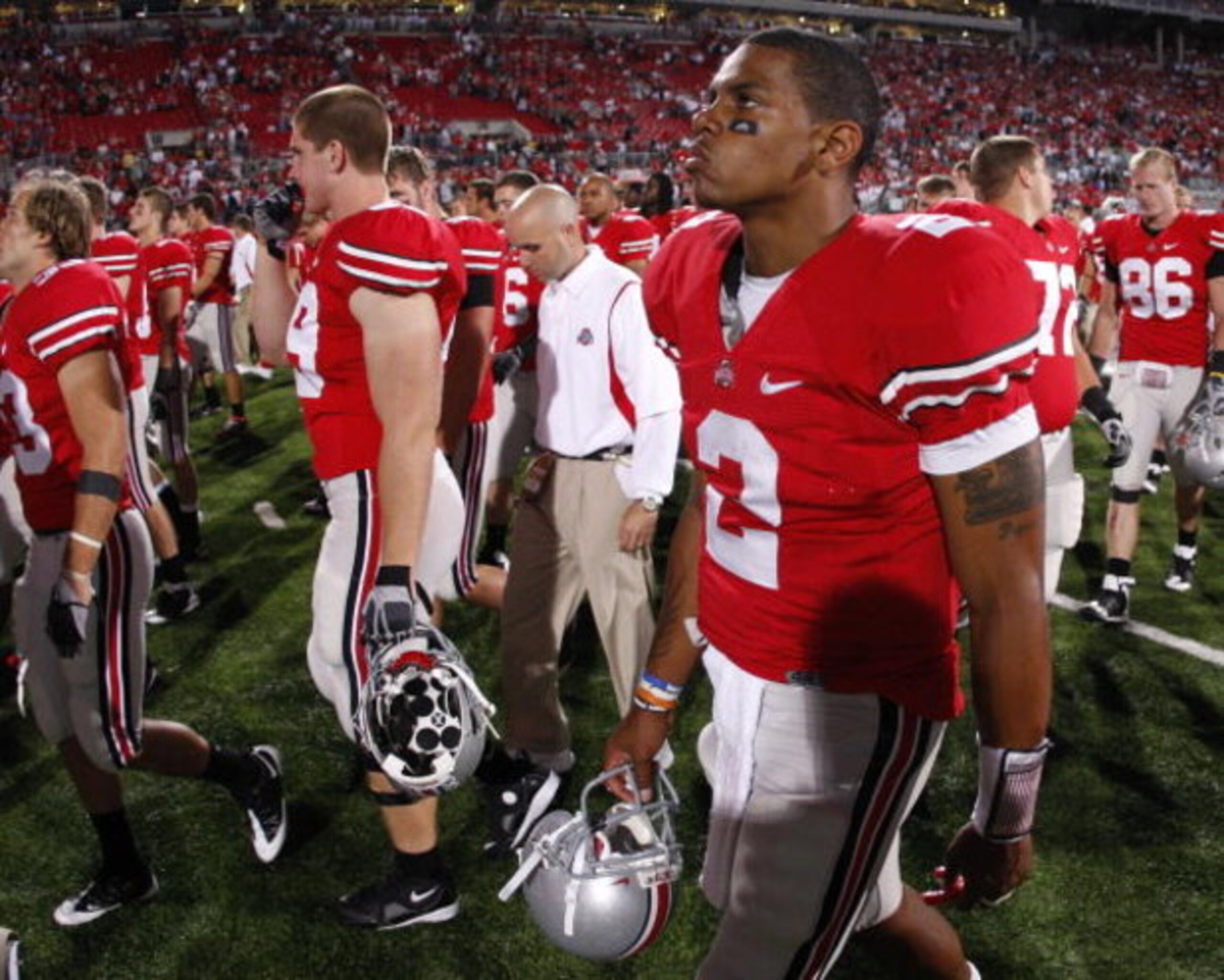COLUMBUS, OH - SEPTEMBER 13:  Terrelle Pryor #2 of the Ohio State Buckeyes leaves the field after losing 18-15 to the Southern California Trojans on September 13, 2009 at Ohio Stadium in Columbus, Ohio.  (Photo by Gregory Shamus/Getty Images)