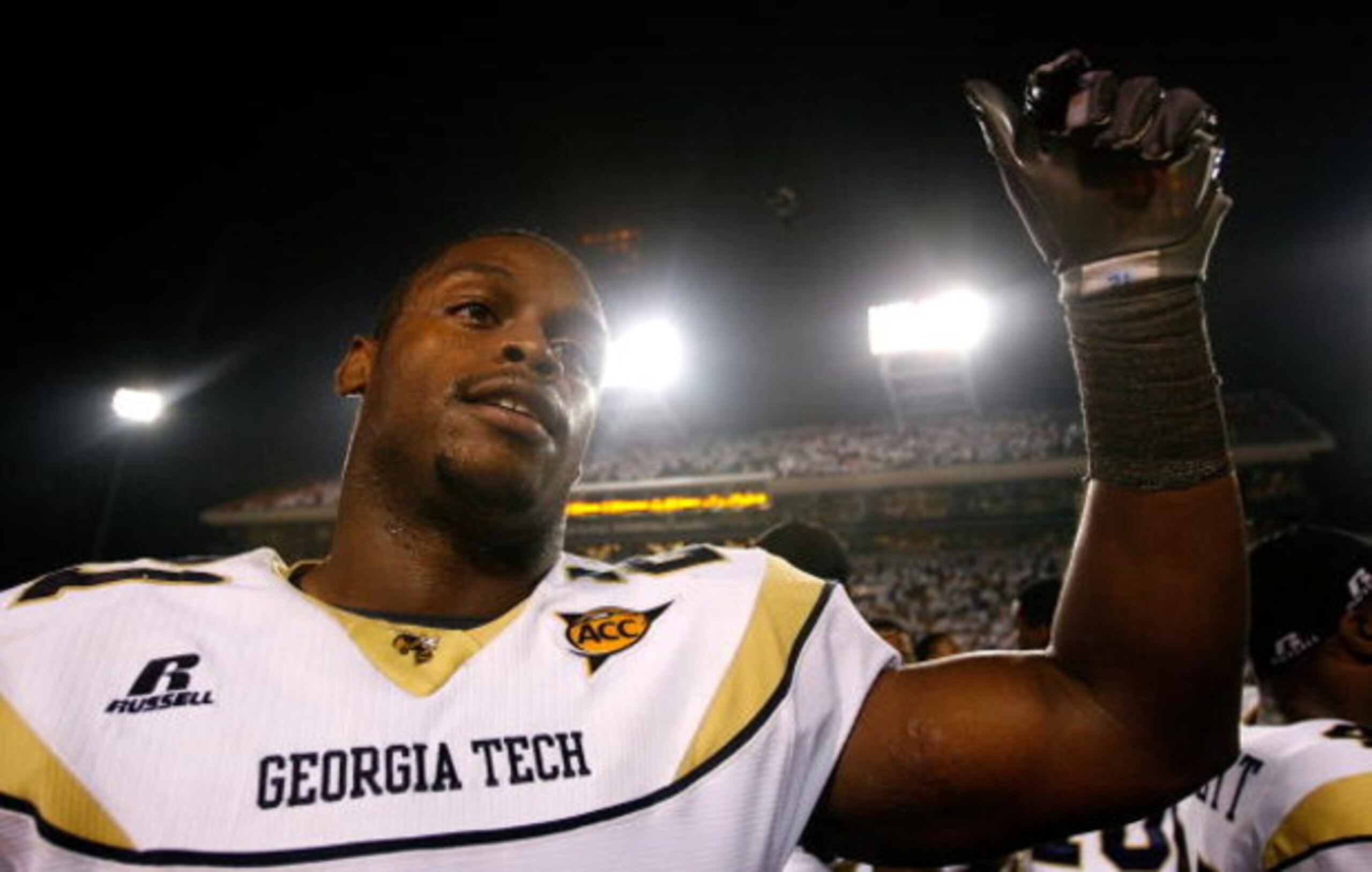 ATLANTA - SEPTEMBER 10:  Running back Jonathan Dwyer #12 of the Georgia Tech Yellow Jackets celebrates their 30-27 win over the Clemson Tigers at Bobby Dodd Stadium on September 10, 2009 in Atlanta, Georgia.  (Photo by Kevin C. Cox/Getty Images)