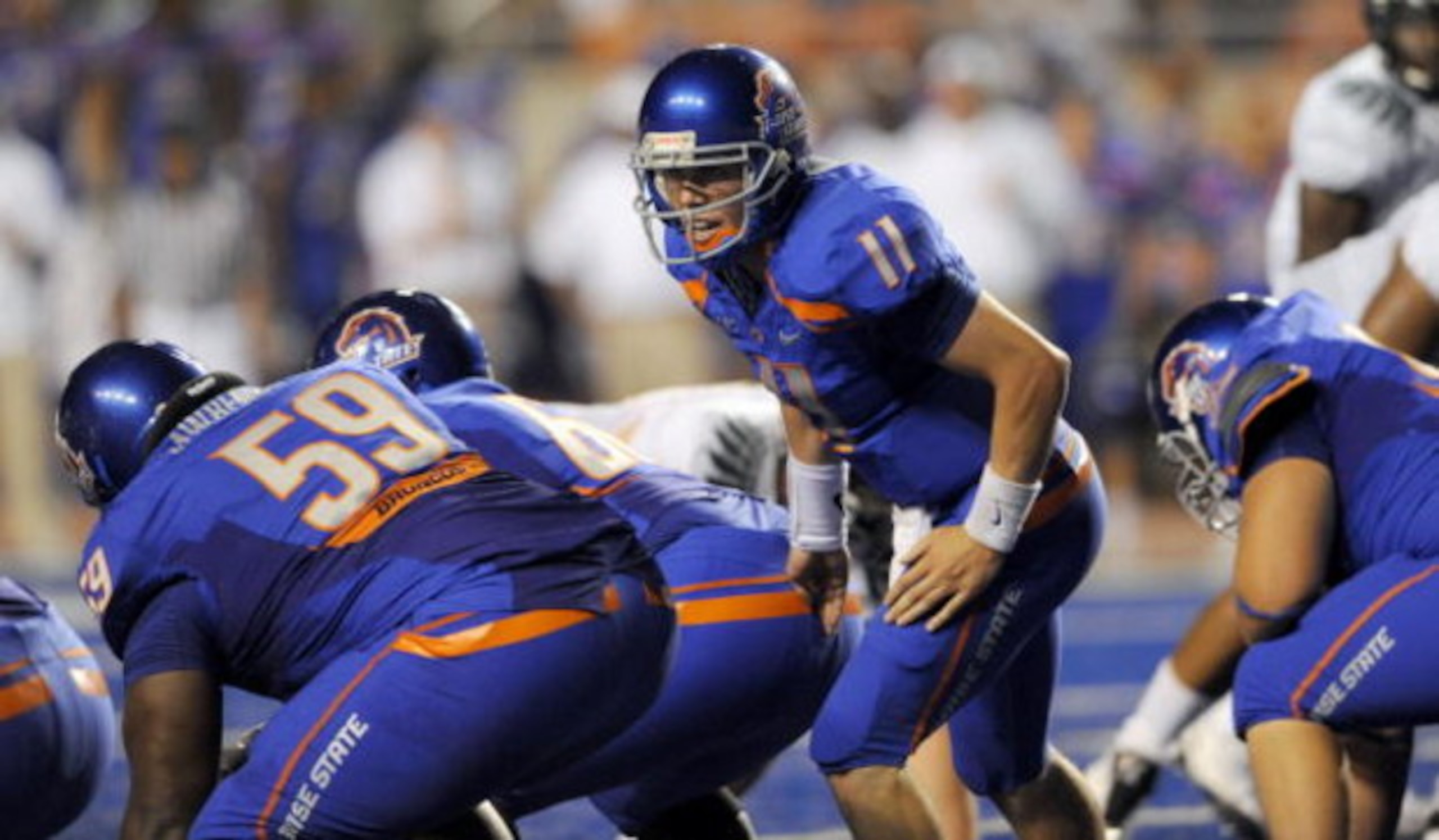 BOISE, ID - SEPTEMBER 3: Quarterback Kellen Moore #6 of the Boise State Broncos yells out the play to his linemen in the third quarter of the game against the Oregon Ducks at Bronco Stadium on September 3, 2009 in Boise, Idaho. Boise State won the game 19
