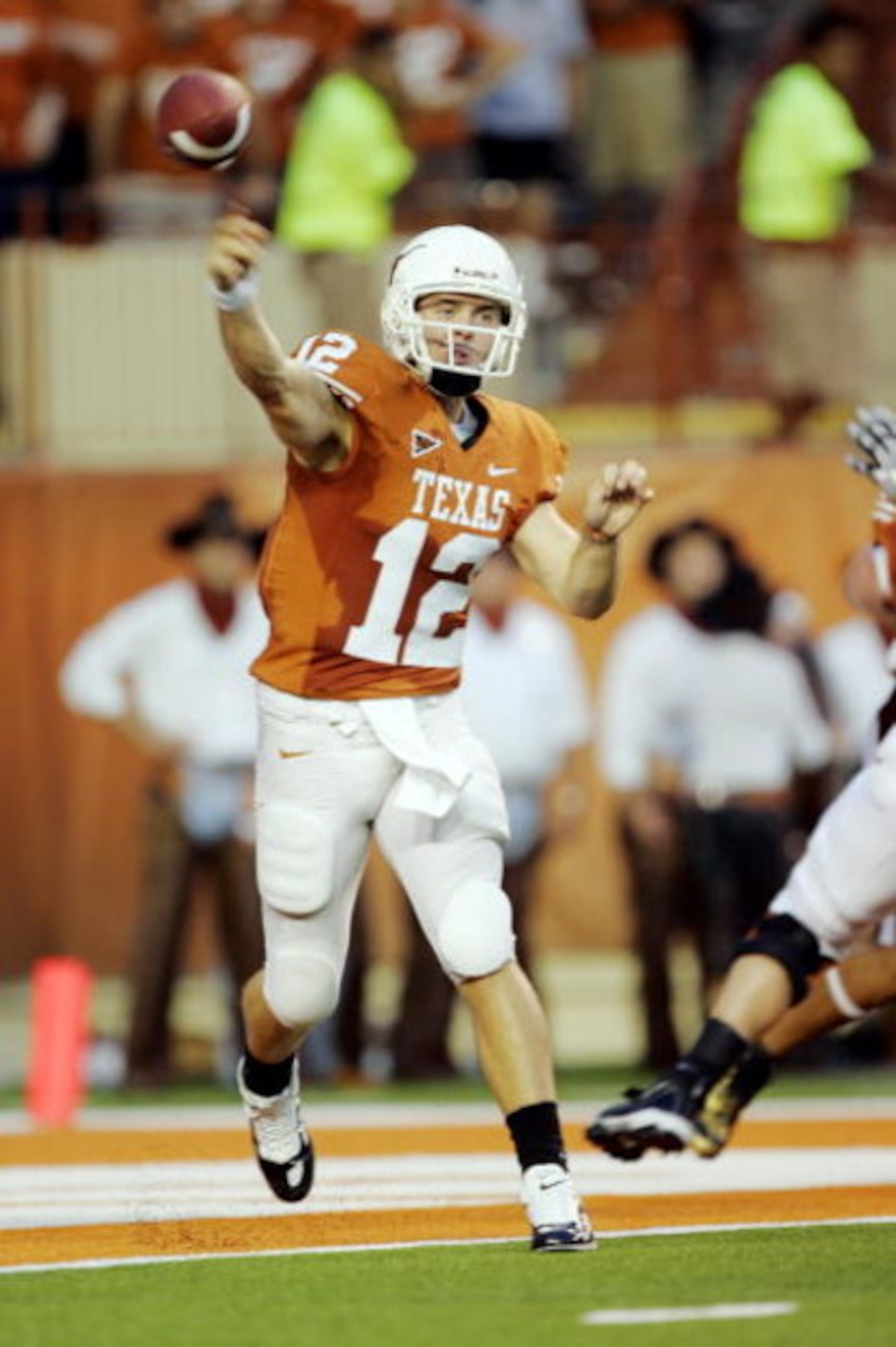 AUSTIN, TX - SEPTEMBER 5:  Colt McCoy #12 of the Texas Longhorns throws from the one-yard line before connecting with Jordan Shipley for a touchdown on the next play against the Louisiana Monroe Warhawks on September 5, 2009 at Darrell K Royal-Texas Memor