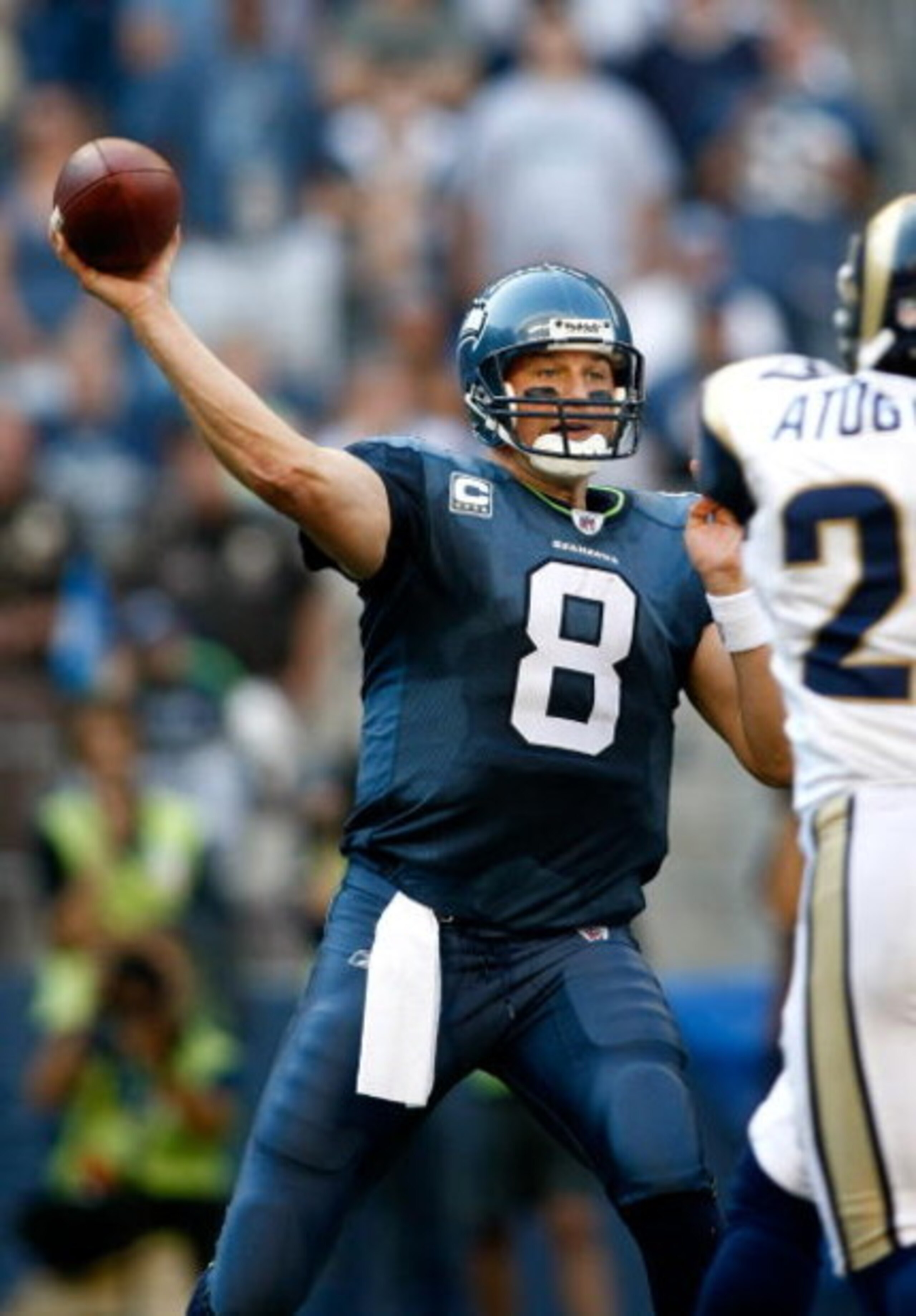 SEATTLE , WA - SEPTEMBER 13:  Quarterback Matt Hasselbeck #8 of the Seattle Seahawks thrpws the ball against the St. Louis Rams at Qwest Field on September 13, 2009 in Seattle, Washington.  (Photo by Jonathan Ferrey/Getty Images)