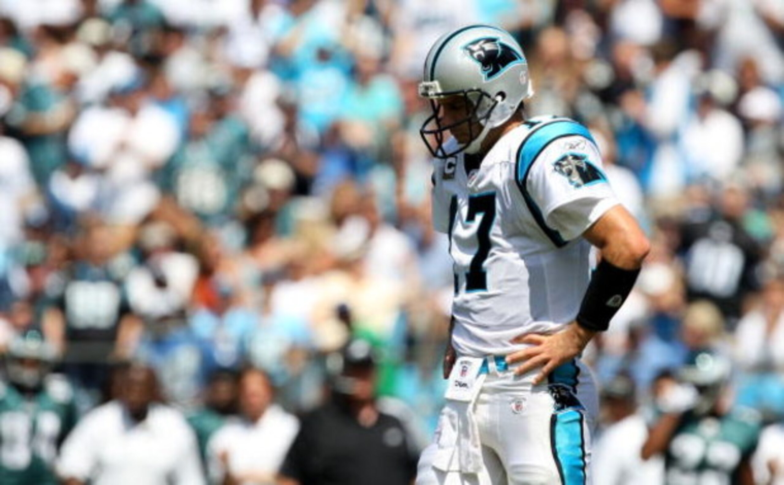 CHARLOTTE, NC - SEPTEMBER 13:  Quarterback Jake Delhomme #17 of the Carolina Panthers stands on the field in the second half of the NFL season opener against the Philadelphia Eagles at Bank of America Stadium on September 13, 2009 in Charlotte, North Caro