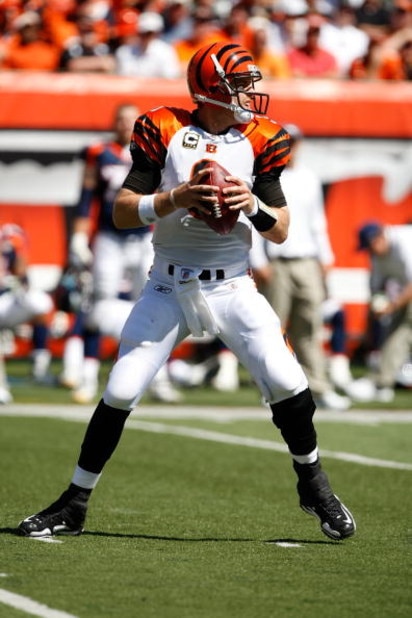 CINCINNATI, OH - SEPTEMBER 13: Quarterback Carson Palmer #9 of the Cincinnati Bengals drops back to pass the football against the Denver Broncos at Paul Brown Stadium on September 13, 2009 in Cincinnati, Ohio. The Broncos defeated the Bengals 12-7. (Phot CINCINNATI, OH - SEPTEMBER 13: Quarterback Carson Palmer #9 of the Cincinnati Bengals drops back to pass the football against the Denver Broncos at Paul Brown Stadium on September 13, 2009 in Cincinnati, Ohio. The Broncos defeated the Bengals 12-7. (Phot
