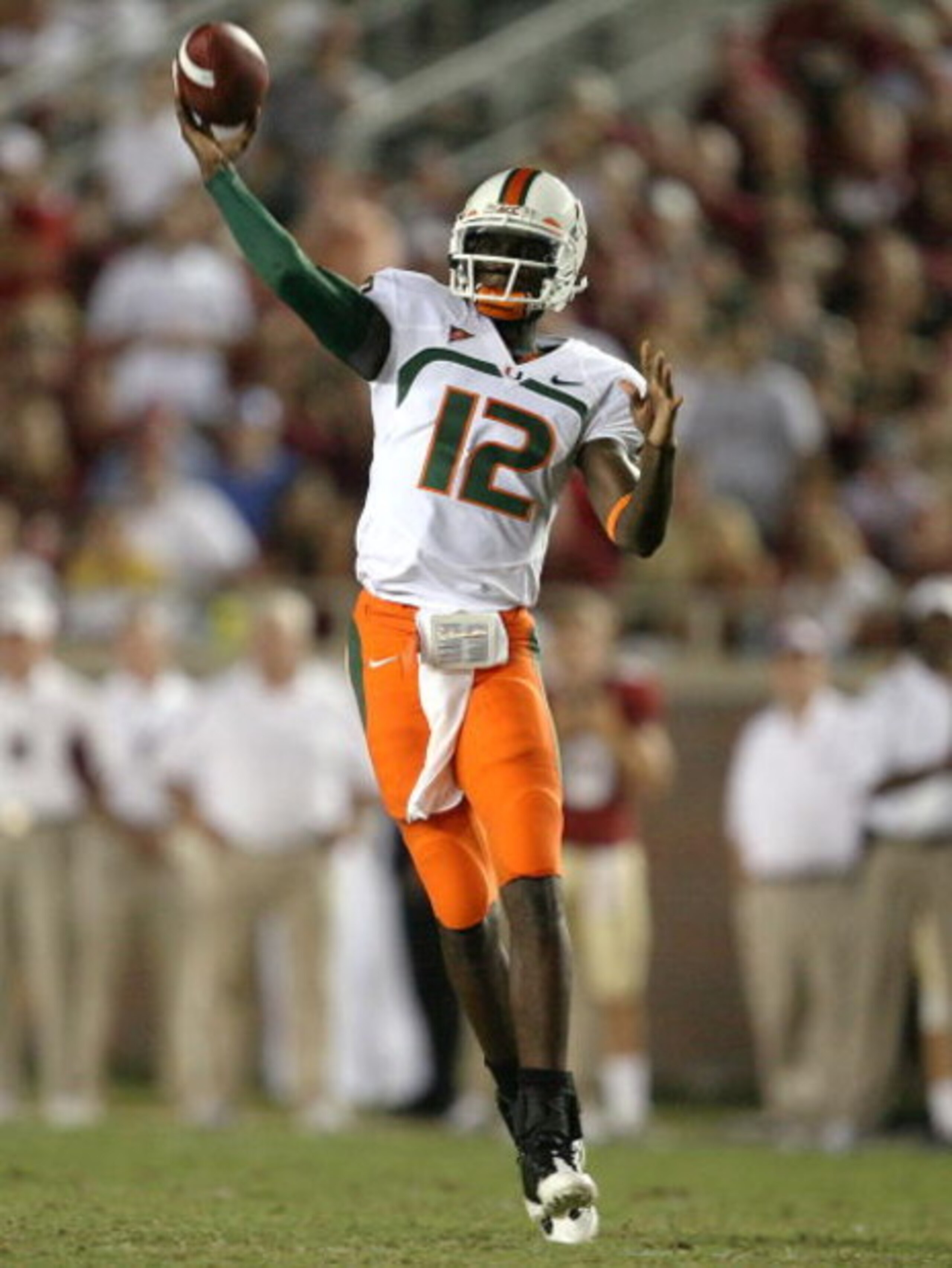 TALLAHASSEE, FL - SEPTEMBER 07: Quarterback Jacory Harris #12 of the Miami Hurricanes throws a pass against the Florida State Seminoles at Doak Campbell Stadium on September 7, 2009 in Tallahassee, Florida. (Photo by Doug Benc/Getty Images) TALLAHASSEE, FL - SEPTEMBER 07: Quarterback Jacory Harris #12 of the Miami Hurricanes throws a pass against the Florida State Seminoles at Doak Campbell Stadium on September 7, 2009 in Tallahassee, Florida. (Photo by Doug Benc/Getty Images)