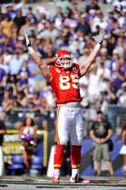 BALTIMORE - SEPTEMBER 13: Sean Ryan #89 of the Kansas City Chiefs celebrates his touchdown against the Baltimore Ravens at M&T Bank Stadium on September 13, 2009 in Baltimore, Maryland. The Ravens defeated the Chiefs 38-24. (Photo by Larry French/Getty I BALTIMORE - SEPTEMBER 13: Sean Ryan #89 of the Kansas City Chiefs celebrates his touchdown against the Baltimore Ravens at M&T Bank Stadium on September 13, 2009 in Baltimore, Maryland. The Ravens defeated the Chiefs 38-24. (Photo by Larry French/Getty I