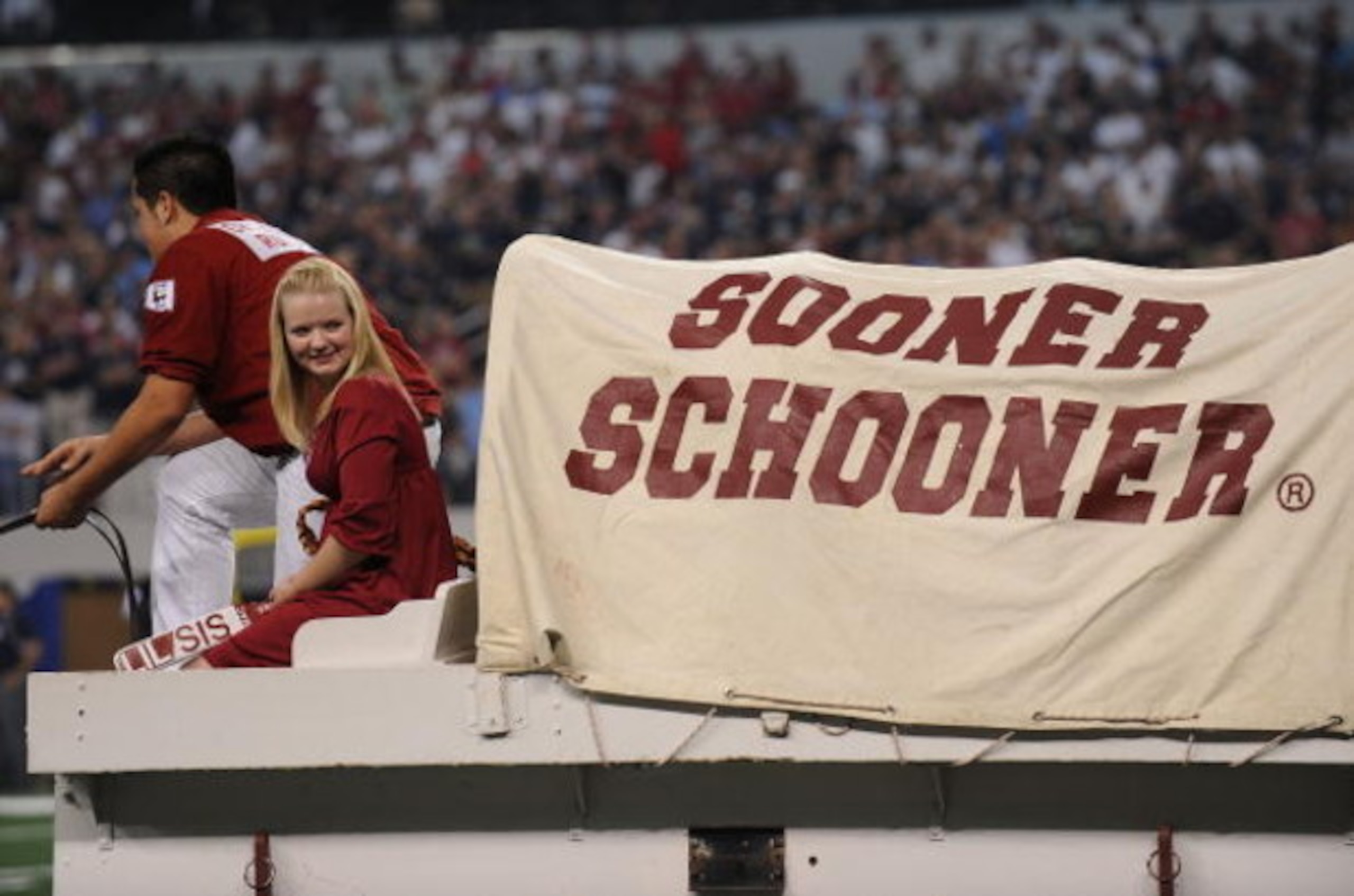 ARLINGTON, TX - SEPTEMBER 05:  The Oklahoma Sooner Schooner at Cowboys Stadium on September 5, 2009 in Arlington, Texas.  (Photo by Ronald Martinez/Getty Images)