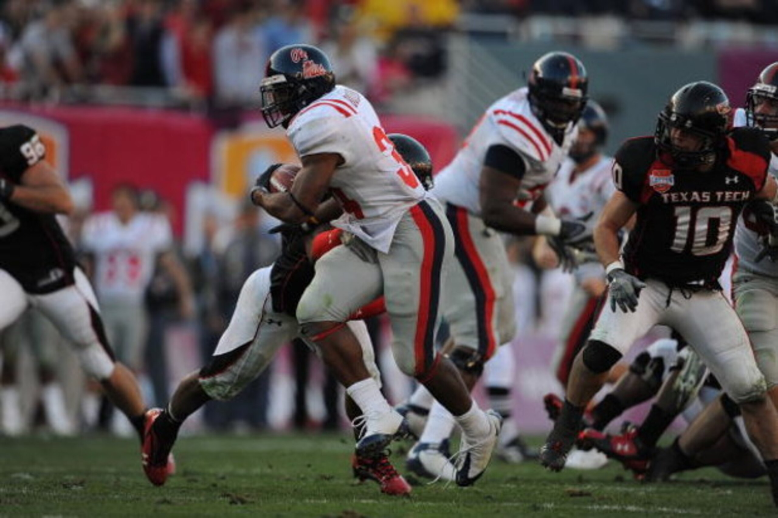 DALLAS - JANUARY 02:  Brandon Bolden #34 of the Mississippi Rebels during play against the Texas Tech Red Raiders during the AT&T Cotton Bowl on January 2, 2009 at the Cotton Bowl in Dallas, Texas.  (Photo by Ronald Martinez/Getty Images)