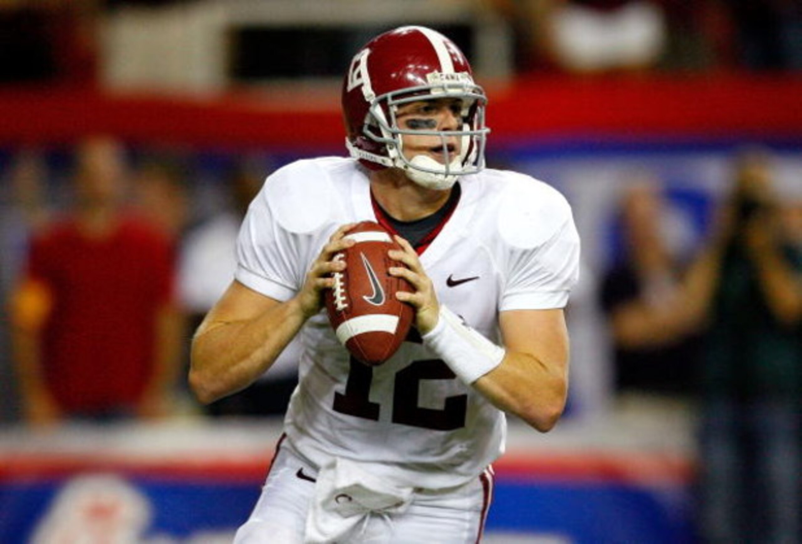 ATLANTA - SEPTEMBER 05: Quarterback Greg McElroy #12 of the Alabama Crimson Tide looks upfield against the Virginia Tech Hokies during the Chick-fil-A Kickoff Game at Georgia Dome on September 5, 2009 in Atlanta, Georgia. (Photo by Kevin C. Cox/Getty Im ATLANTA - SEPTEMBER 05: Quarterback Greg McElroy #12 of the Alabama Crimson Tide looks upfield against the Virginia Tech Hokies during the Chick-fil-A Kickoff Game at Georgia Dome on September 5, 2009 in Atlanta, Georgia. (Photo by Kevin C. Cox/Getty Im
