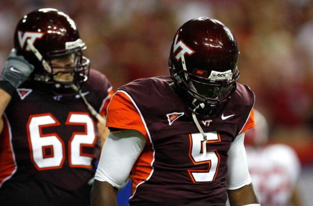 ATLANTA - SEPTEMBER 05:  Quarterback Tyrod Taylor #5 of the Virginia Tech Hokies walks off the field after a set of downs against the Alabama Crimson Tide during the Chick-fil-A Kickoff Game at Georgia Dome on September 5, 2009 in Atlanta, Georgia.  (Phot