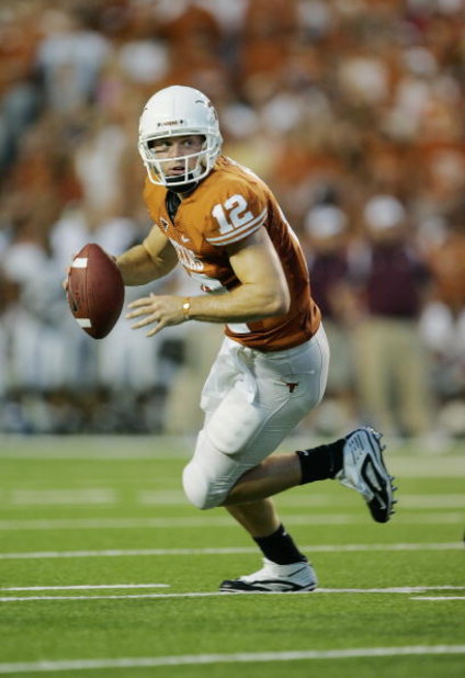 AUSTIN, TX - SEPTEMBER 5:  Quarterback Colt McCoy #12 of the Texas Longhorns runs out of the pocket against the Louisiana Monroe Warhawks on September 5, 2009 at Darrell K Royal-Texas Memorial Stadium in Austin, Texas. The Longhorns defeated the Warhawks 