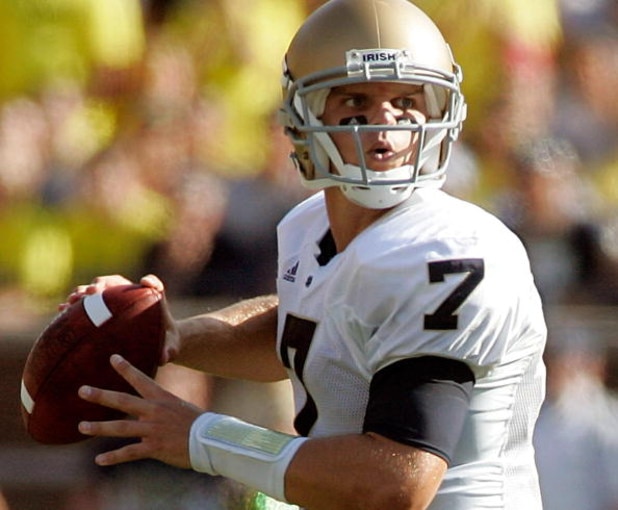 ANN ARBOR, MI - SEPTEMBER 12:  Quarterback Jimmy Clausen #7 of Notre Dame drops back to pass against Michigan at Michigan Stadium on September 12, 2009 in Ann Arbor, Michigan.  (Photo by Domenic Centofanti/Getty Images)