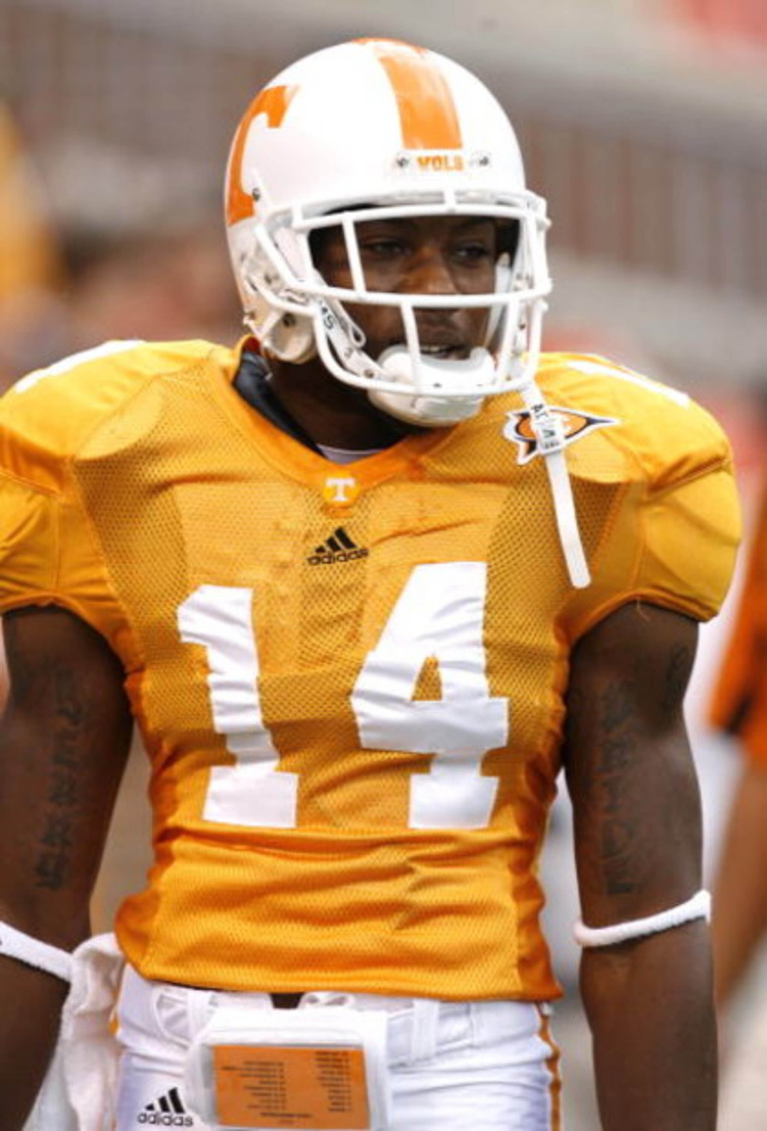 KNOXVILLE, TN - SEPTEMBER 12: Eric Berry #14 of the Tennessee Volunteers looks on against the UCLA Bruins on September 12, 2009 at Neyland Stadium in Knoxville, Tennessee. UCLA beat Tennessee 19-15. (Photo by Joe Murphy/Getty Images)