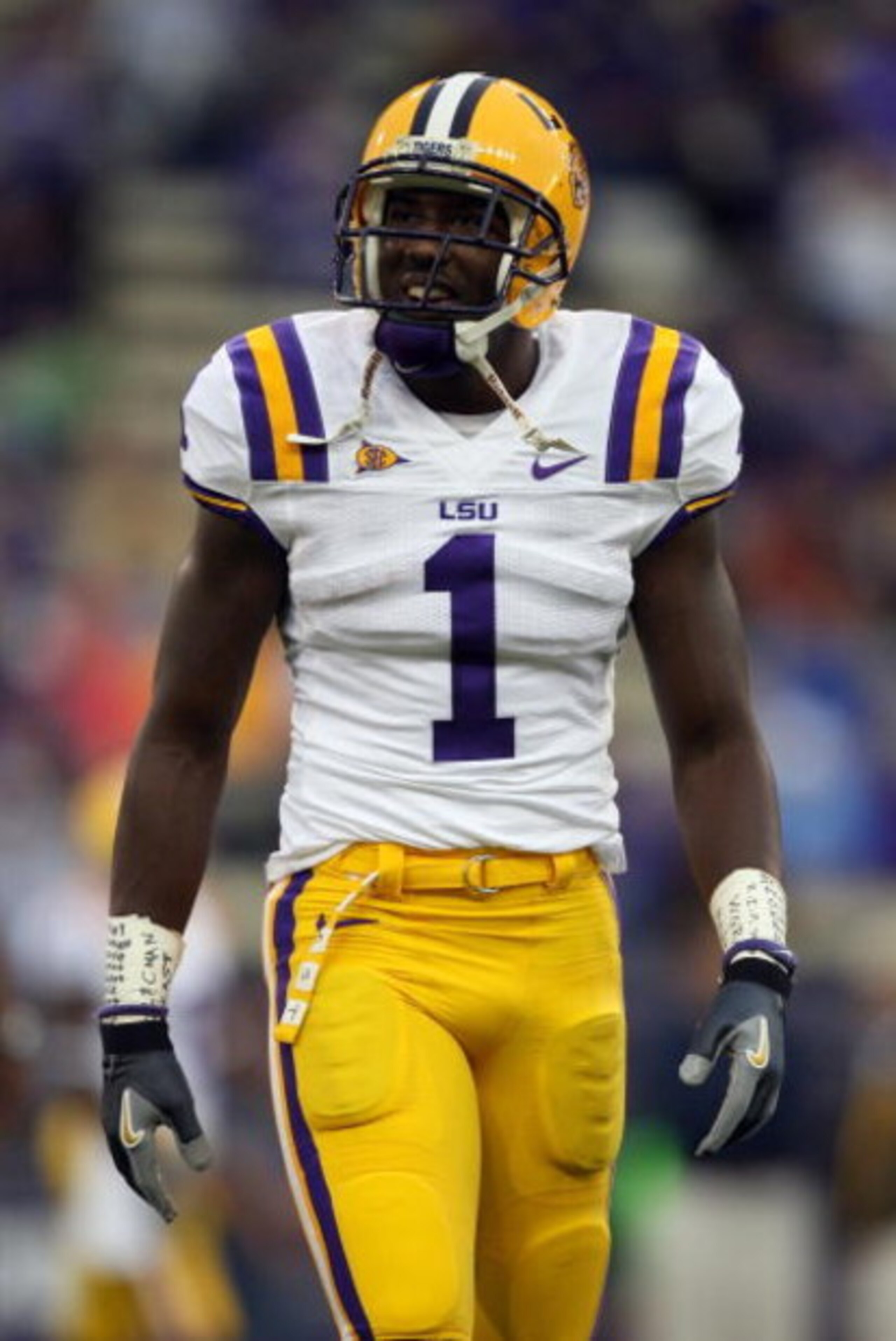 SEATTLE - SEPTEMBER 5:  Brandon LaFell #1 of the LSU Tigers looks on during warm-up prior to their game against the Washington Huskies on September 5, 2009 at Husky Stadium in Seattle, Washington. The LSU Tigers defeated the Washington Huskies 31-23. (Pho