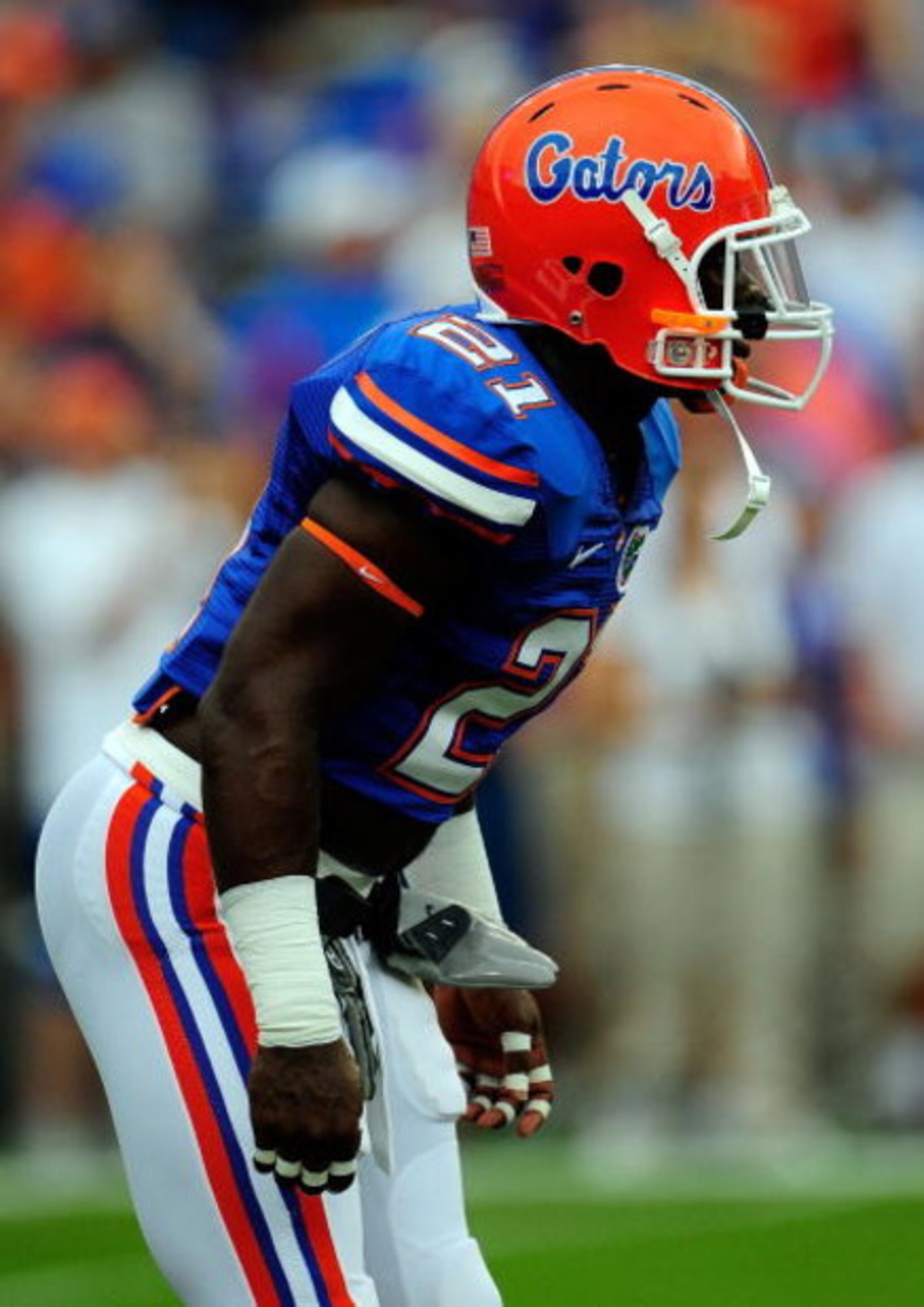 GAINESVILLE, FL - SEPTEMBER 5:  Major Wright #21 of the Florida Gators watches the action prior to the game against the Charleston Southern Buccaneers at Ben Hill Griffin Stadium on September 5, 2009 in Gainesville, Florida.  (Photo by Sam Greenwood/Getty