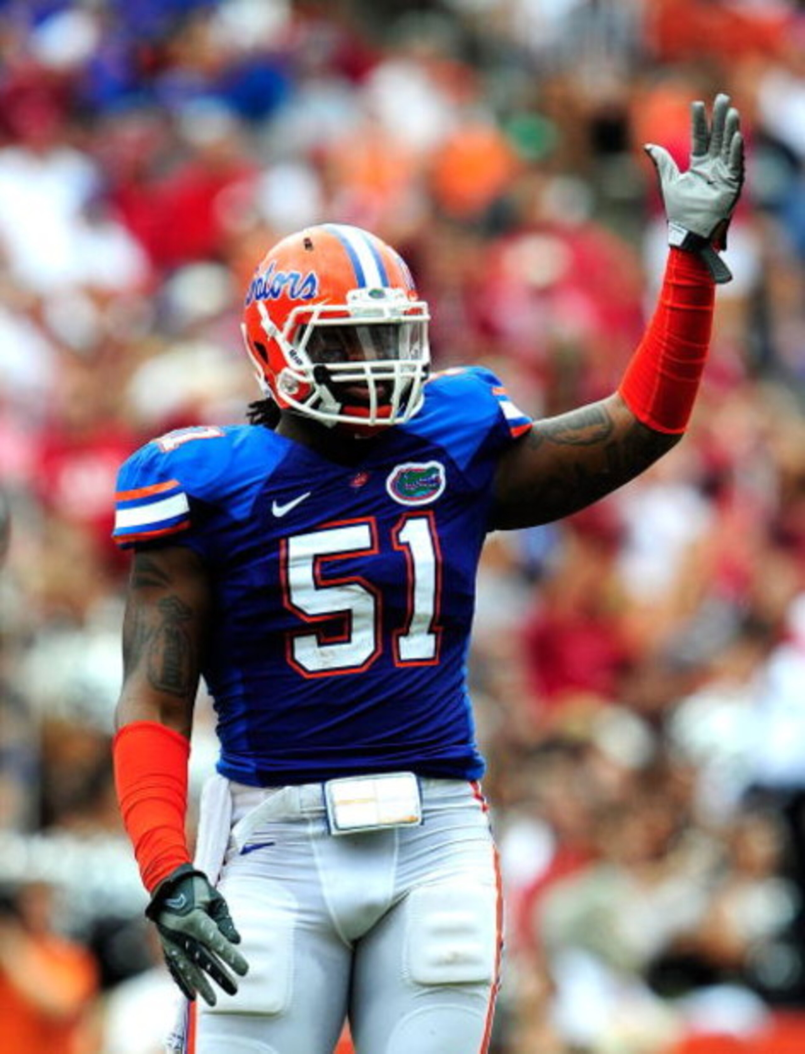 GAINESVILLE, FL - SEPTEMBER 12:  Brandon Spikes #51 of the Florida Gators reacts during the game against the Troy Trojans at Ben Hill Griffin Stadium on September 12, 2009 in Gainesville, Florida.  (Photo by Sam Greenwood/Getty Images)