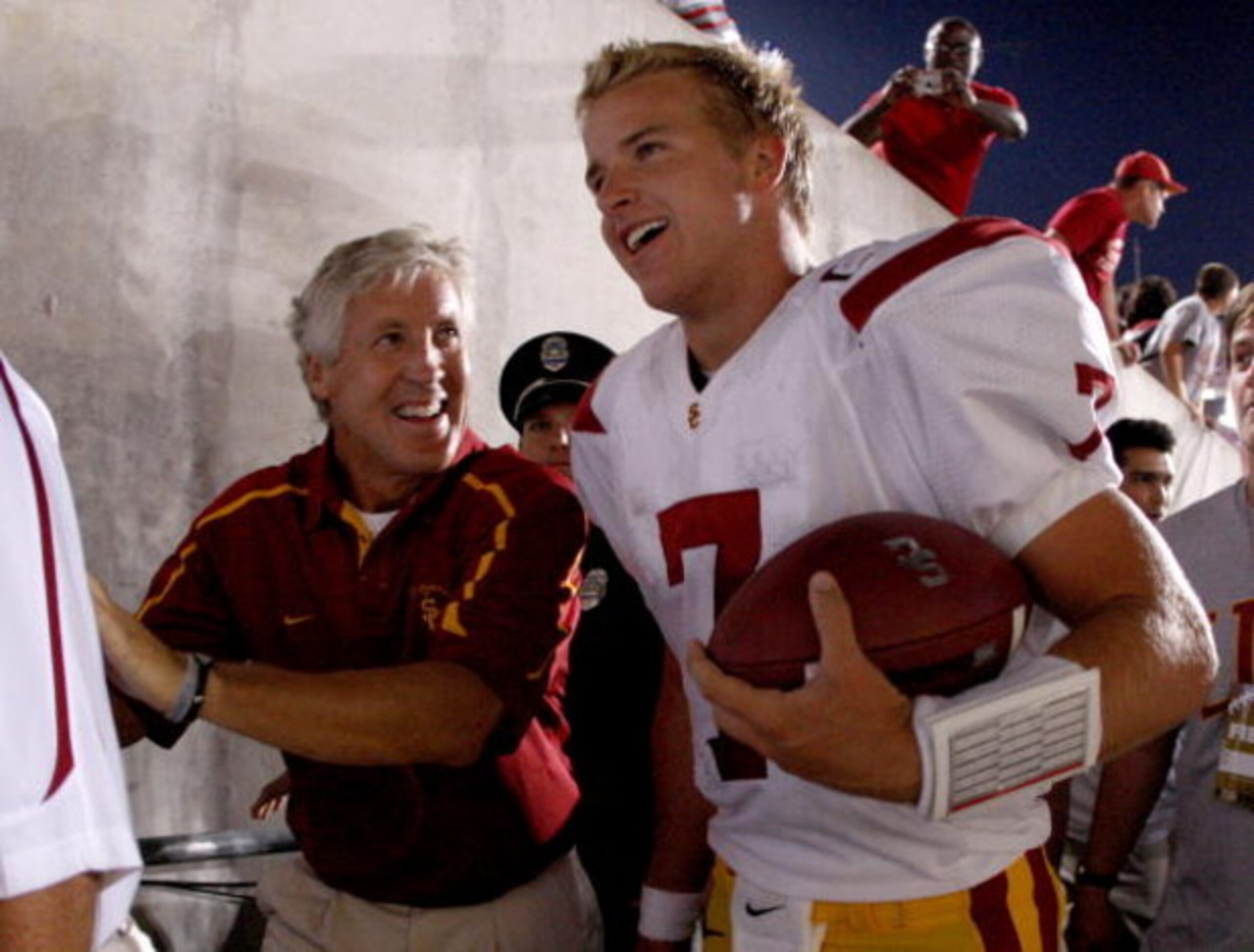 COLUMBUS, OH - SEPTEMBER 13:  Head coach Pete Carroll and Matt Barkley #7 of the Southern California Trojans leave the field after defeating the Ohio State Buckeyes 18-15 on September 13, 2009 at Ohio Stadium in Columbus, Ohio.  (Photo by Gregory Shamus/G