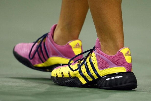 NEW YORK - SEPTEMBER 09:  A shot of Melanie Oudin's tennis shoes during her match against Caroline Wozniacki of Denmark during day ten of the 2009 U.S. Open at the USTA Billie Jean King National Tennis Center on September 9, 2009 in the Flushing neighborh