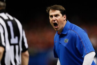 NEW ORLEANS, LA - JANUARY 02:  Head coach Will Muschamp of the Florida Gators yells to a referee during the Allstate Sugar Bowl against the Louisville Cardinals at Mercedes-Benz Superdome on January 2, 2013 in New Orleans, Louisiana.  (Photo by Kevin C. C