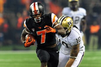 EUGENE, OR - NOVEMBER 23: Wide receiver Brandin Cooks #7 of the Oregon State Beavers heads to the end zone for a touchdown during the third quarter of the game against the Washington Huskies at Reser Stadium on November 23, 2013 in Eugene, Oregon. (Photo 