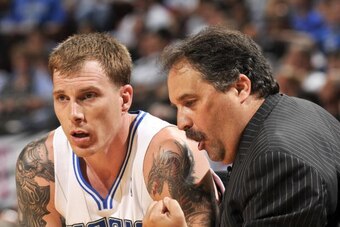 ORLANDO, FL - MAY 4:  Head coach Stan Van Gundy instructs Jason Williams #44 of the Orlando Magic during a break in play against the Atlanta Hawks in Game One of the Eastern Conference Semifinals during the 2010 NBA Playoffs on May 4, 2010 at Amway Arena 