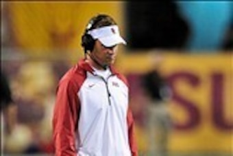 Sep 28, 2013; Tempe, AZ, USA; USC Trojans head coach Lane Kiffin reacts during the second half against the Arizona State Sun Devils at Sun Devil Stadium. Mandatory Credit: Matt Kartozian-USA TODAY Sports
