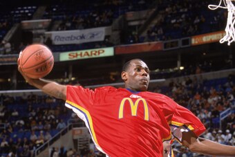 CLEVELAND - MARCH 26:  LeBron James #32 of the East All-Stars warms up prior to taking on the West All-Stars in the McDonald's All-American High School Game on March 26, 2003 at Gund Arena in Cleveland, Ohio.  The West All-Stars won 122-107.  NOTE TO USER
