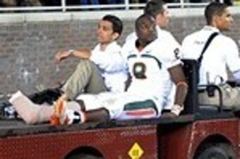 Nov 2, 2013; Tallahassee, FL, USA; Miami Hurricanes running back Duke Johnson (8) is carted off with an injury after the game against the Florida State Seminoles at Doak Campbell Stadium. Mandatory Credit: Melina Vastola-USA TODAY Sports