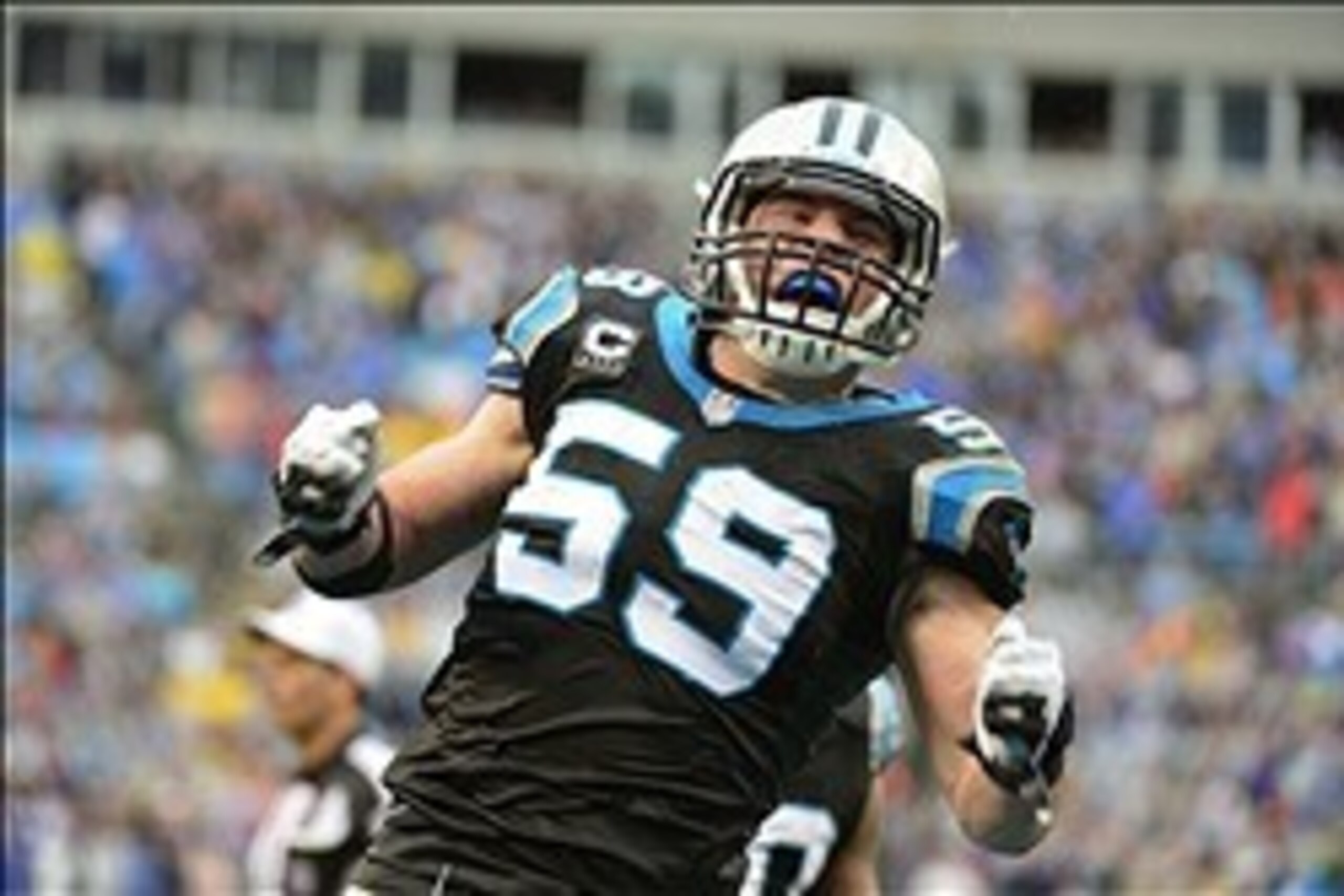 Dec 22, 2013; Charlotte, NC, USA; Carolina Panthers middle linebacker Luke Kuechly (59) reacts in the fourth quarter. The Panthers defeated the Saint 17-13 at Bank of America Stadium. Mandatory Credit: Bob Donnan-USA TODAY Sports Dec 22, 2013; Charlotte, NC, USA; Carolina Panthers middle linebacker Luke Kuechly (59) reacts in the fourth quarter. The Panthers defeated the Saint 17-13 at Bank of America Stadium. Mandatory Credit: Bob Donnan-USA TODAY Sports